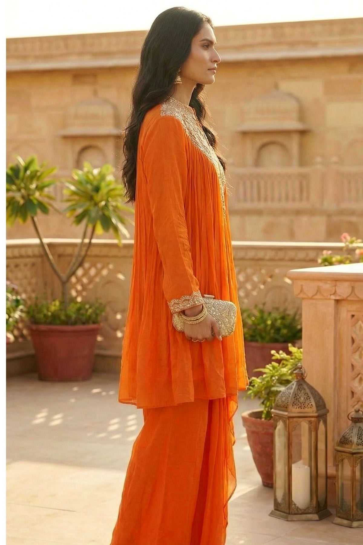 Orange Embroidered Neck Co-Ord Set with Sharara Bottom - Freyaa USA & Canada