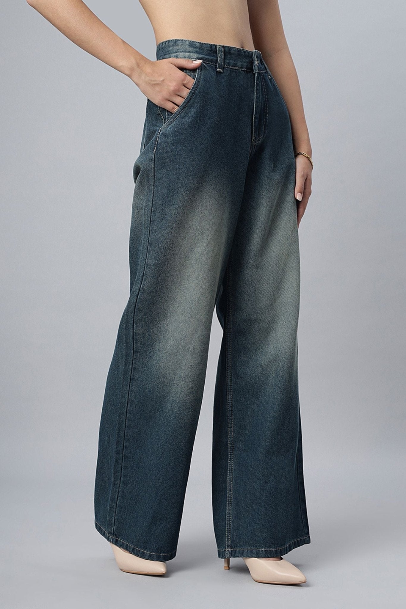 Teal Blue Shaded Wide-Leg Jeans - Freyaa USA & Canada