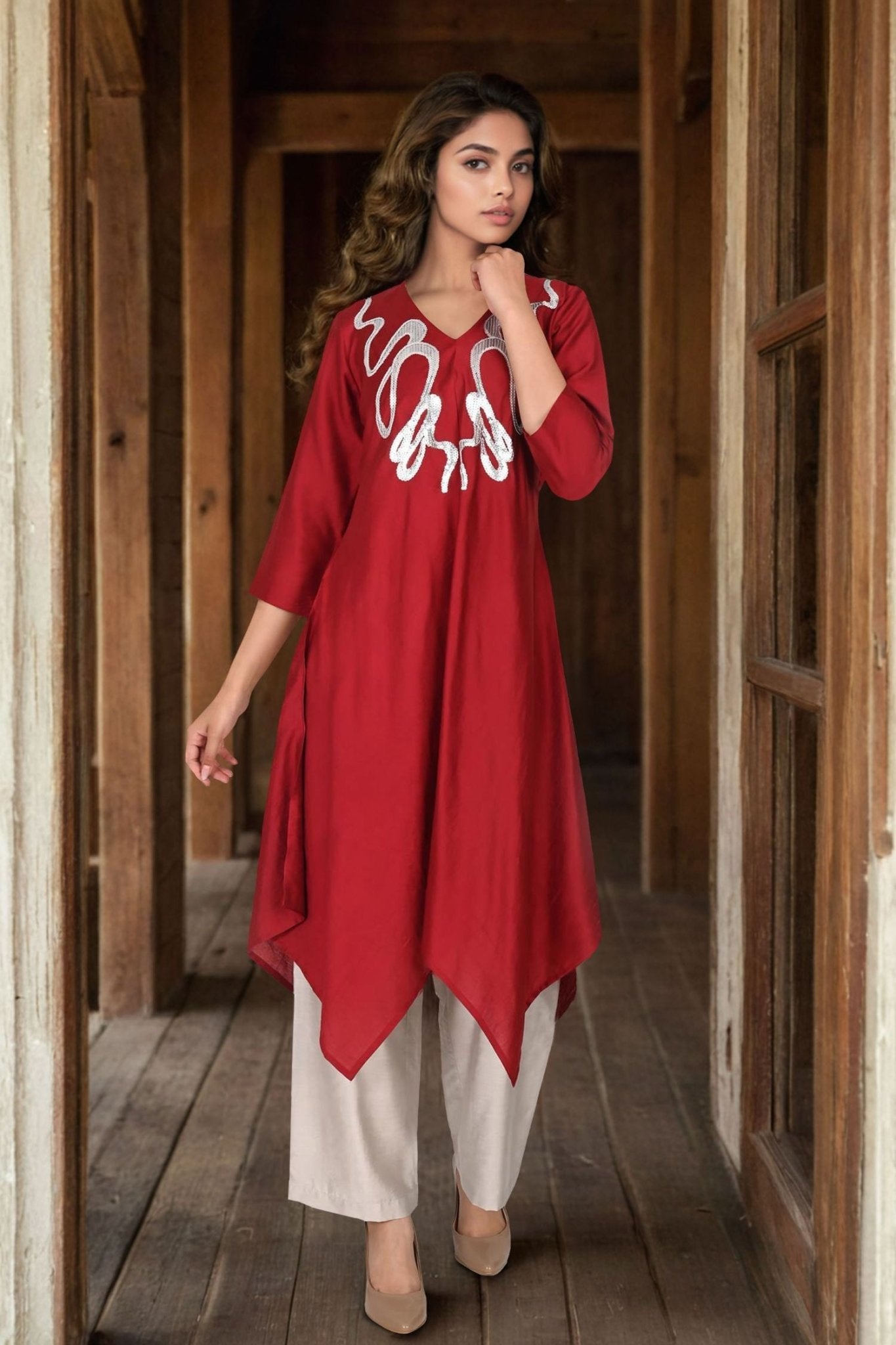 Maroon Satin Cord Set with Neckline Detailing - Freyaa USA & Canada