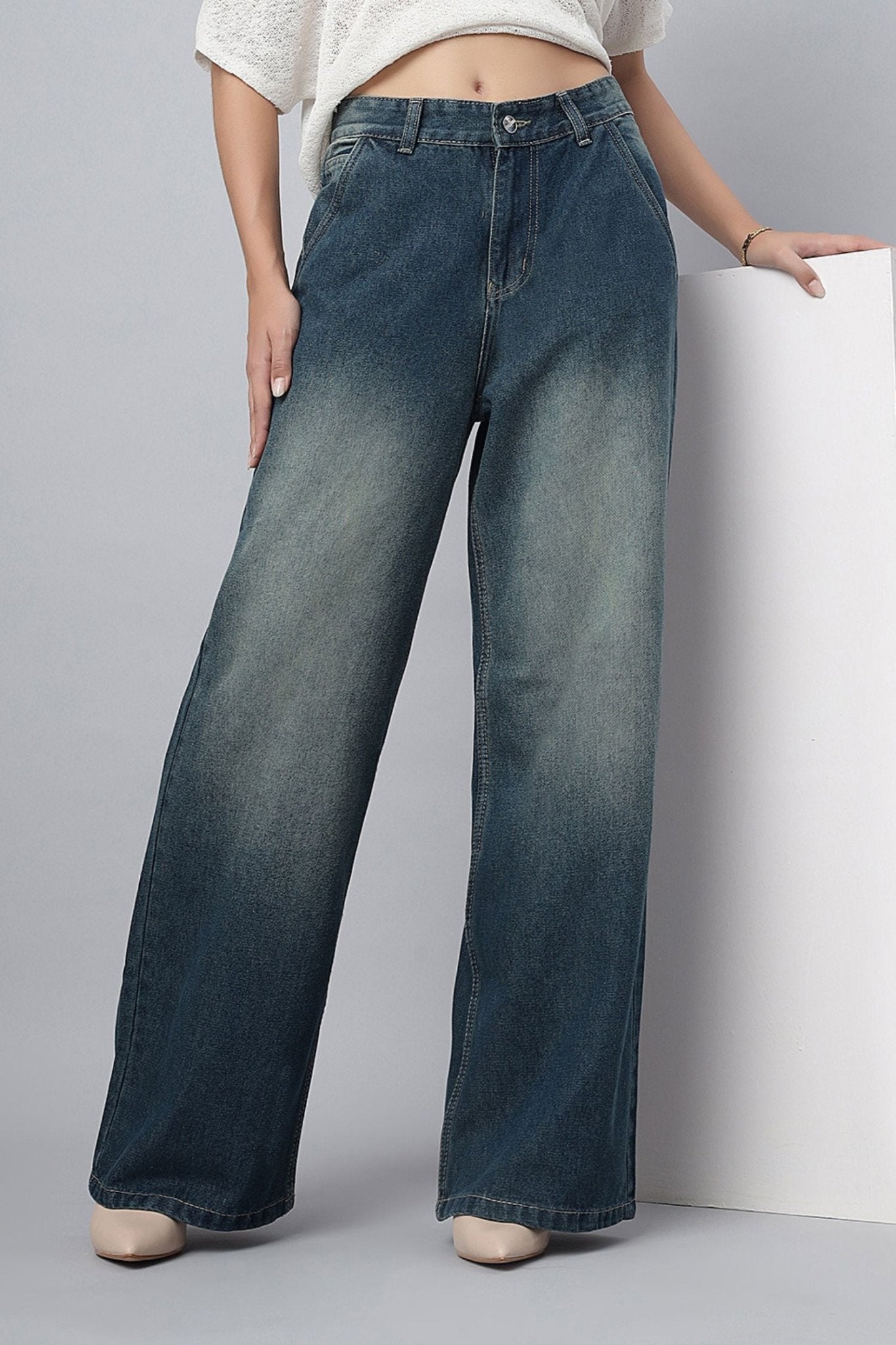 Teal Blue Shaded Wide-Leg Jeans - Freyaa USA & Canada