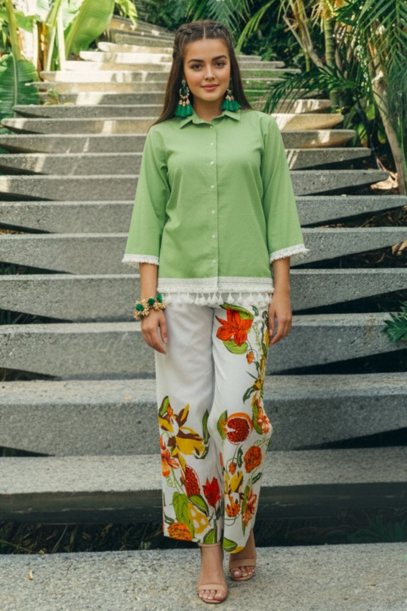 Green Cotton Co-ord Set with Printed Bottom - Freyaa USA & Canada