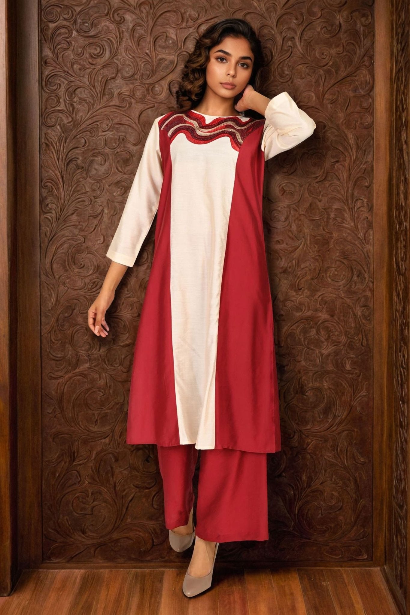 Beige and Red Satin Cord Set Showcasing Wavy Neckline Pattern - Freyaa USA & Canada