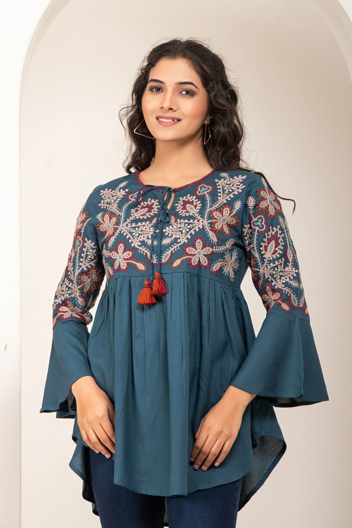 Blue Cotton Top with Thread Embroidery - Freyaa USA & Canada