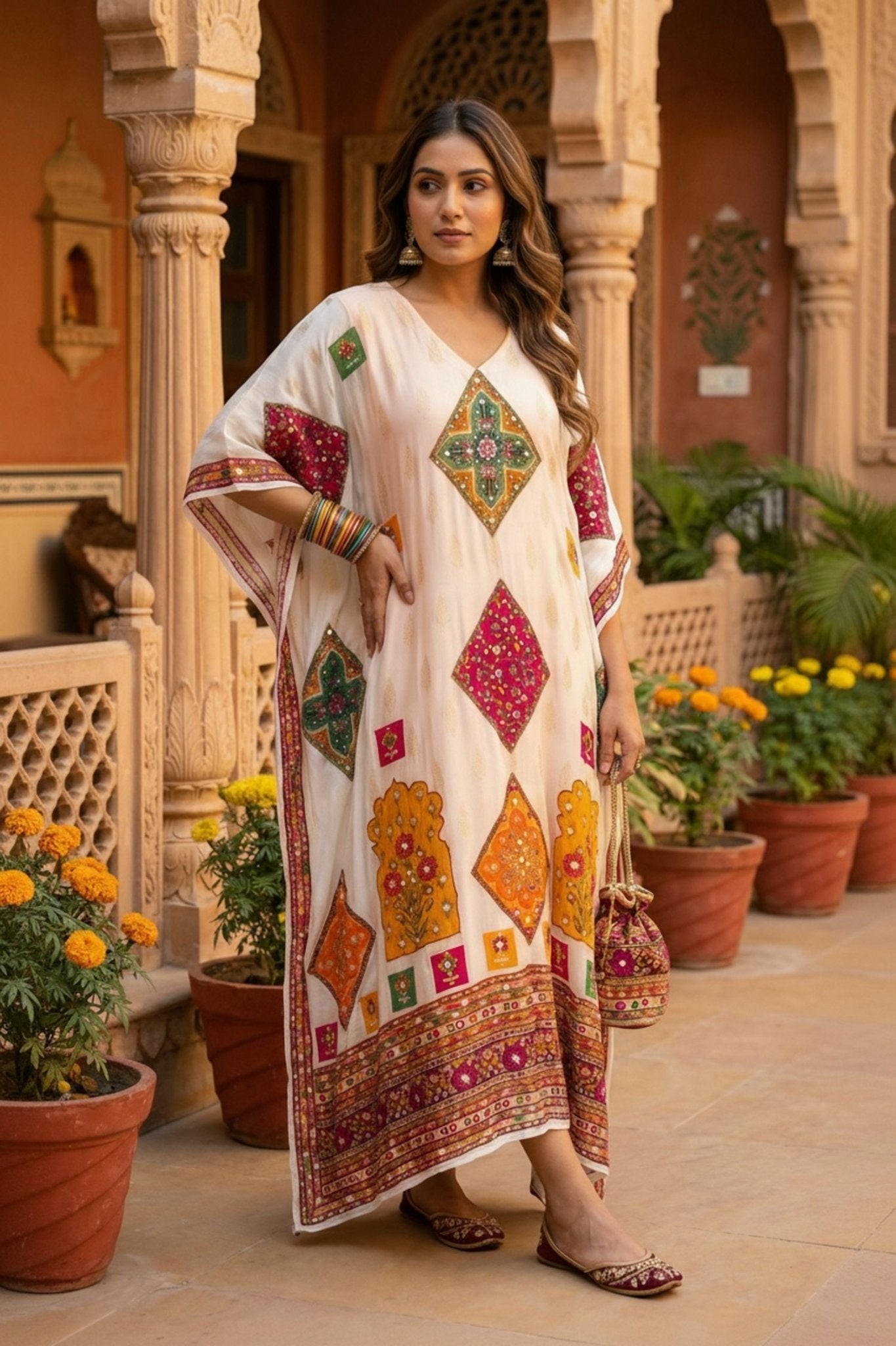 Peach Embroidered Long Kaftan with Delicate Print - Freyaa USA & Canada