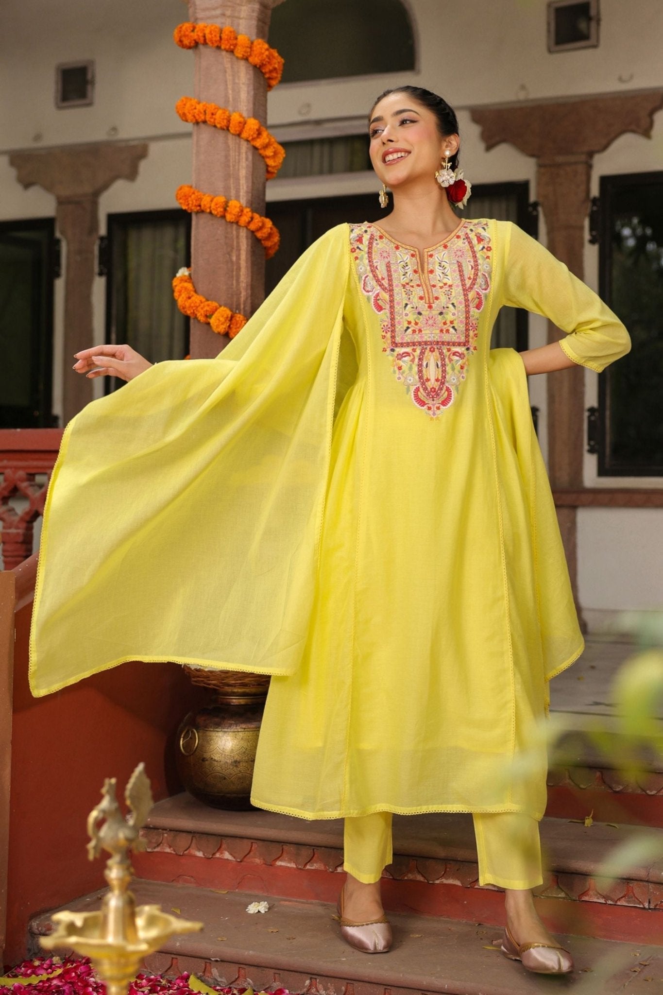 Freyaa Yellow Embroidered cotton Anarkali Suit With Dupatta - Freyaa USA & Canada