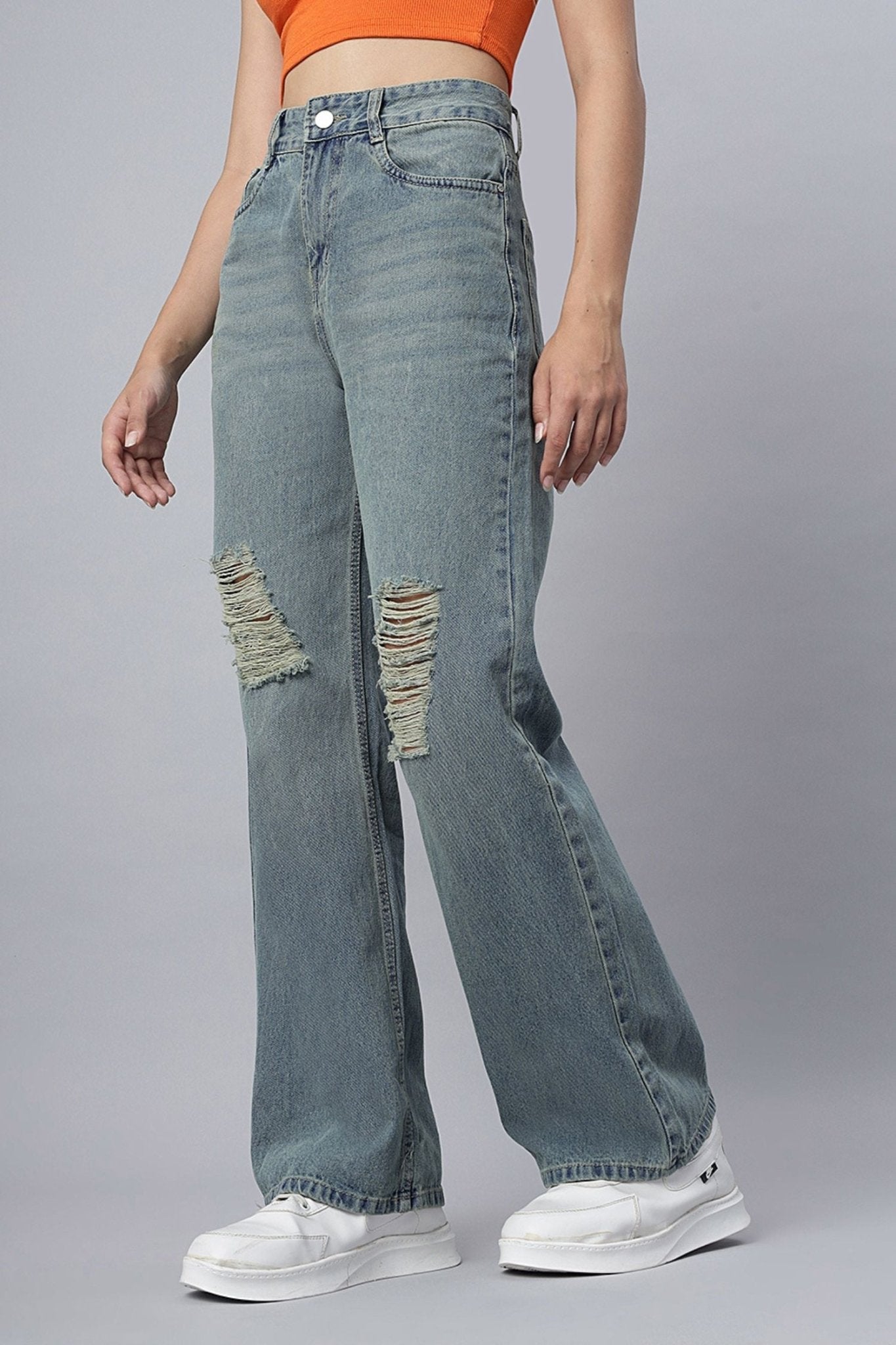Ripped High-Waist Jeans in Dusty Hue - Freyaa USA & Canada