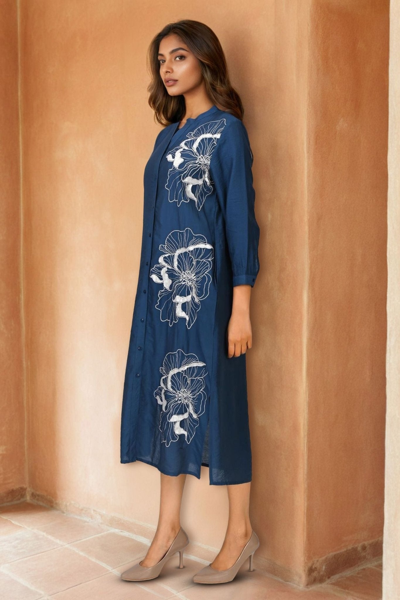 Navy Blue Long Shirt Style Dress with Embroidery - Freyaa USA & Canada