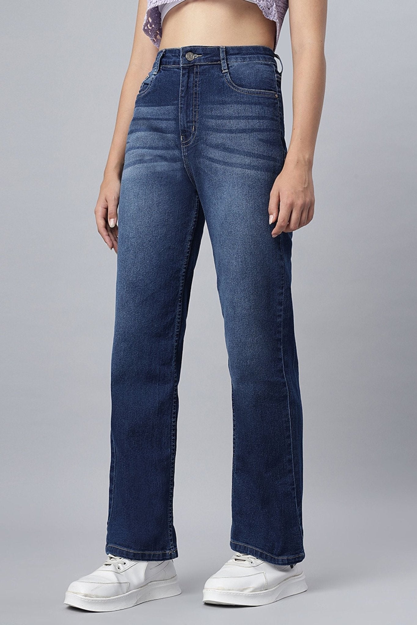 Denim Blue Shaded Straight-Fit Jeans - Freyaa USA & Canada