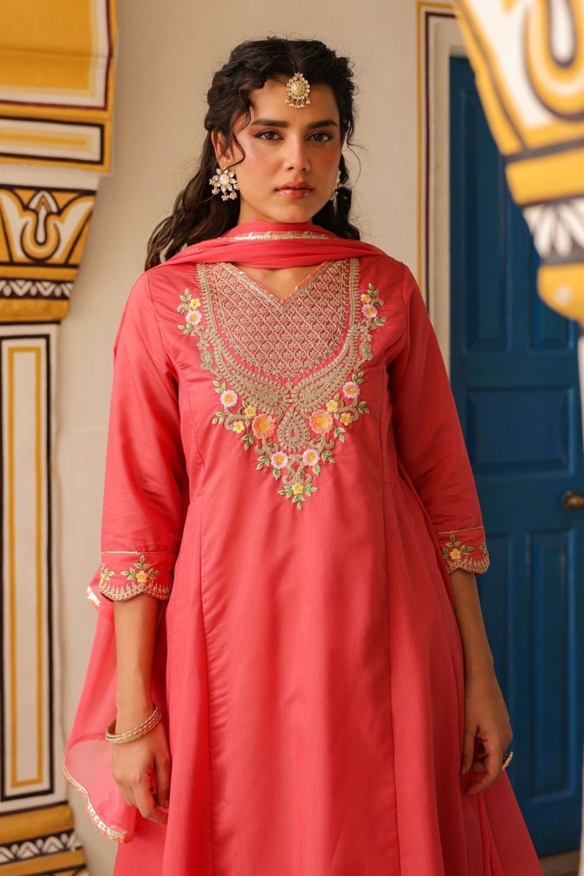 Freyaa Coral Pink Anarkali Kurta Trouser with Dupatta Set - Freyaa USA & Canada