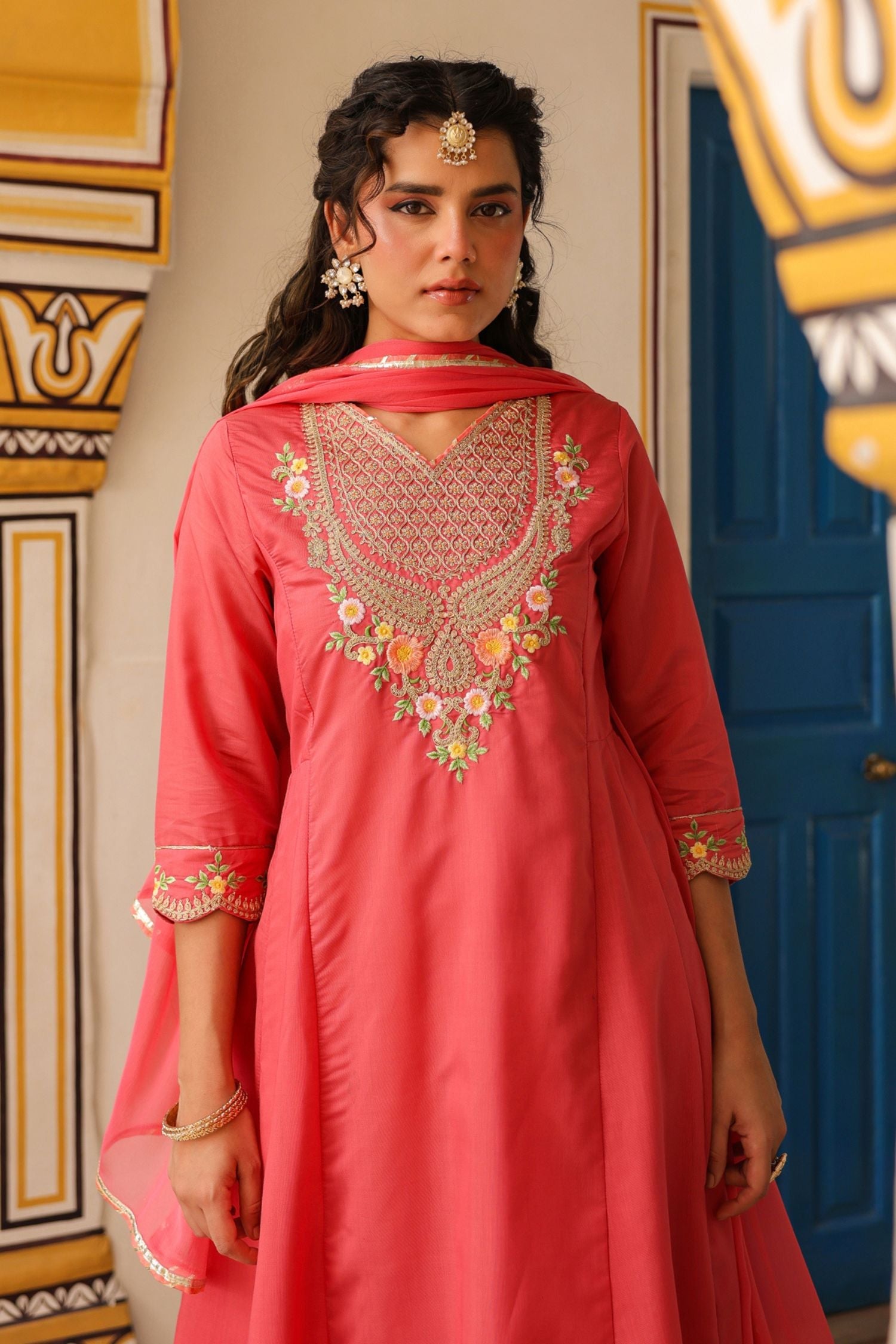 Freyaa Coral Pink Anarkali Kurta Trouser with Dupatta Set