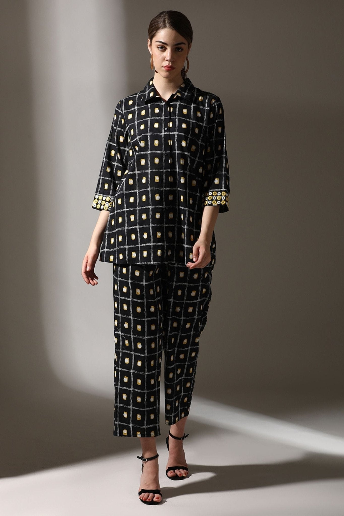 Black Cotton Cord Set in Classic Shirt-Style Pattern - Freyaa USA & Canada