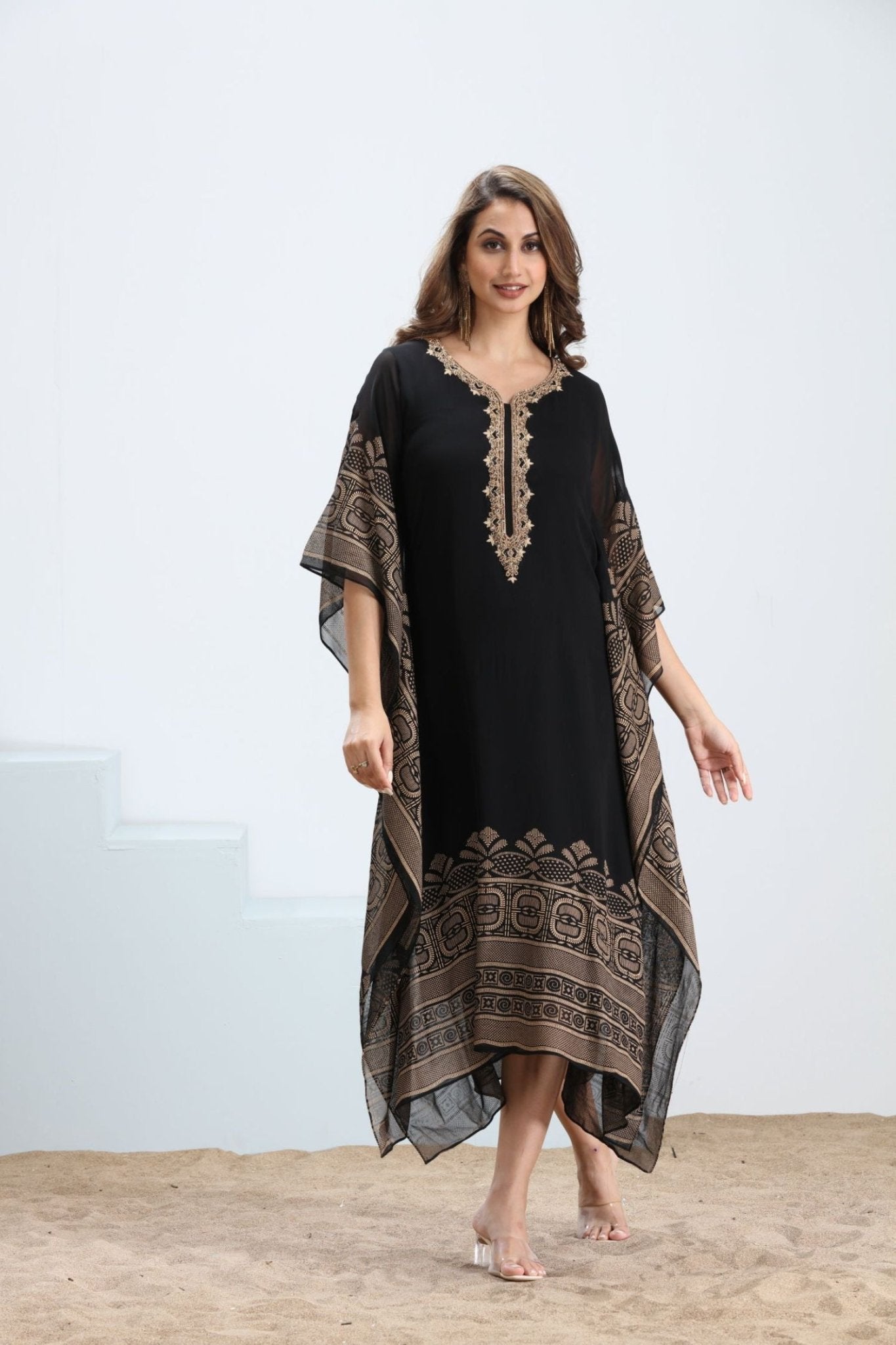 Golden Grace Viscose Embroidered Kaftan - Freyaa USA & Canada