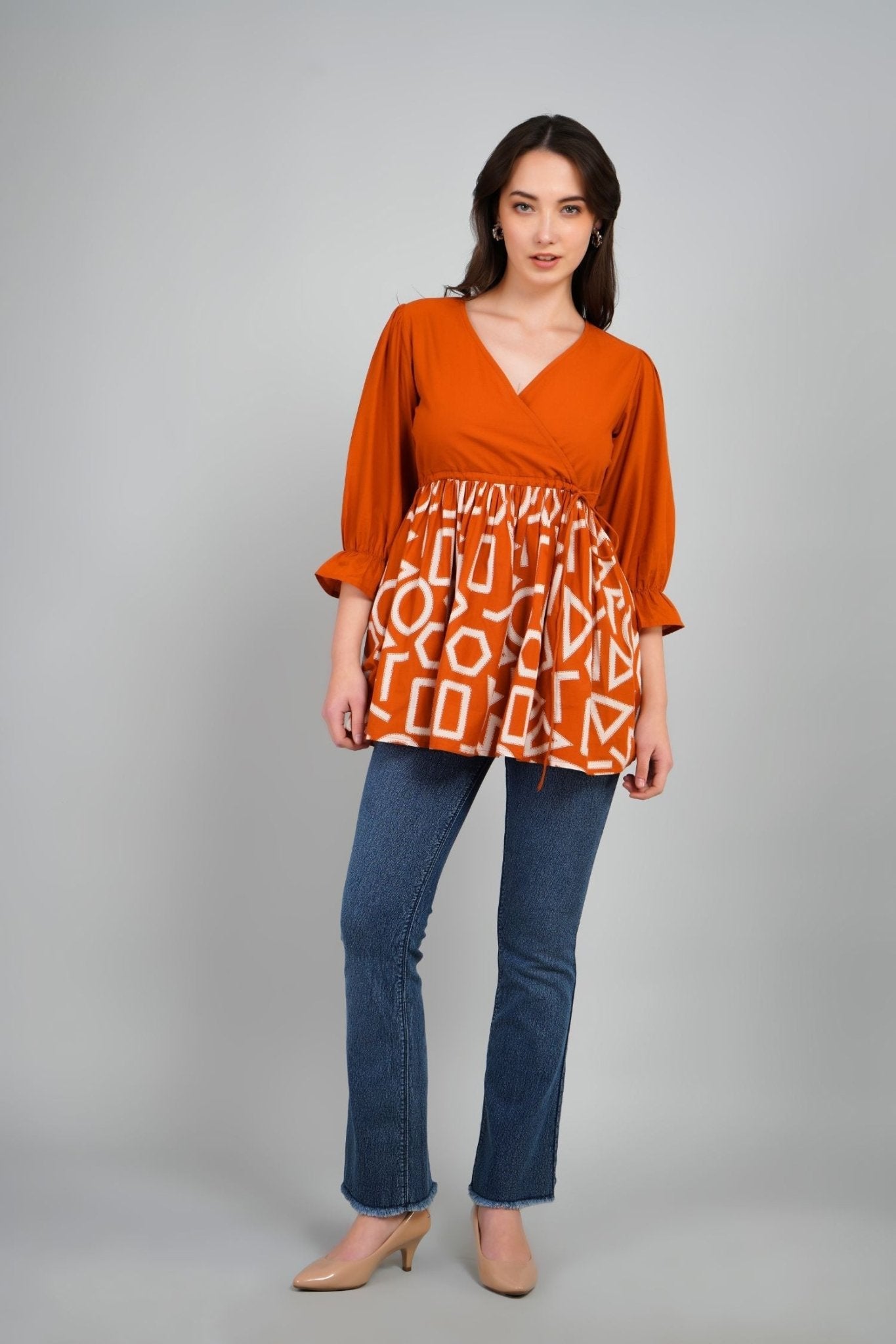 Freyaa Orange Frill Printed Top - Freyaa USA & Canada