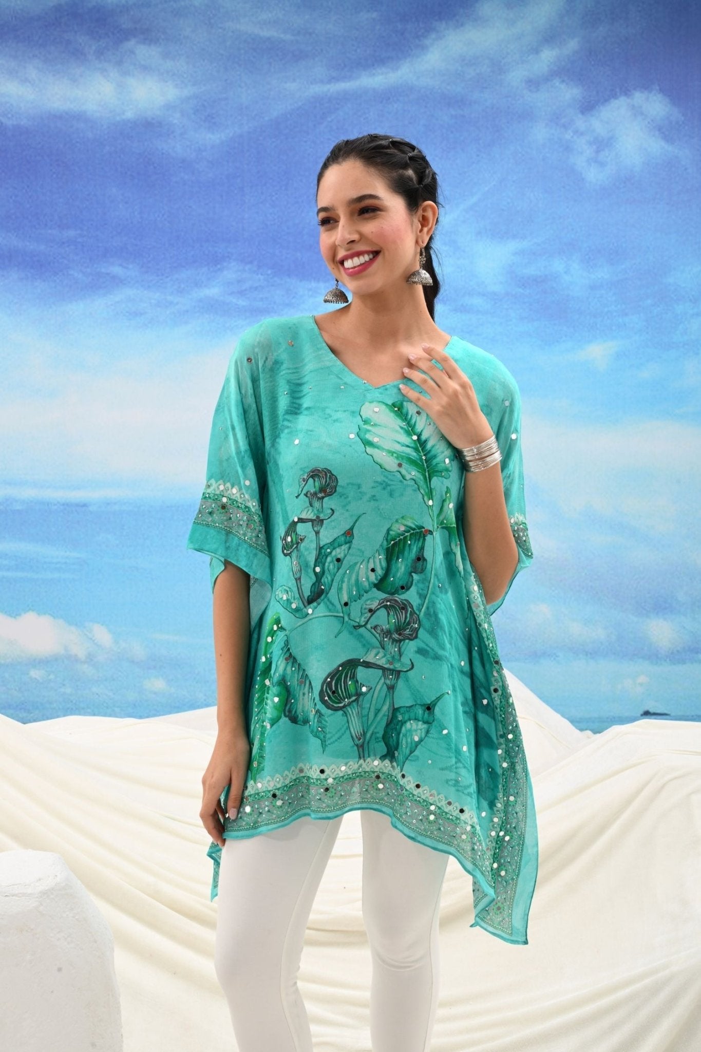 Turquoise Viscose Embroidered Kaftan Dress - Freyaa USA & Canada