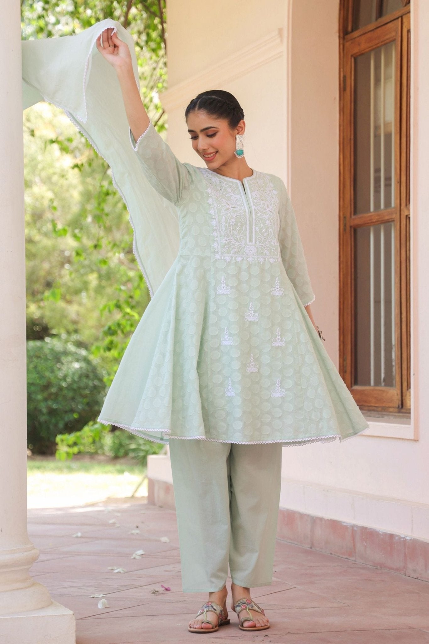 Freyaa Pista Green Self Design Calf-Length Anarkali Cotton Kurta Trouser Dupatta Set - Freyaa USA & Canada