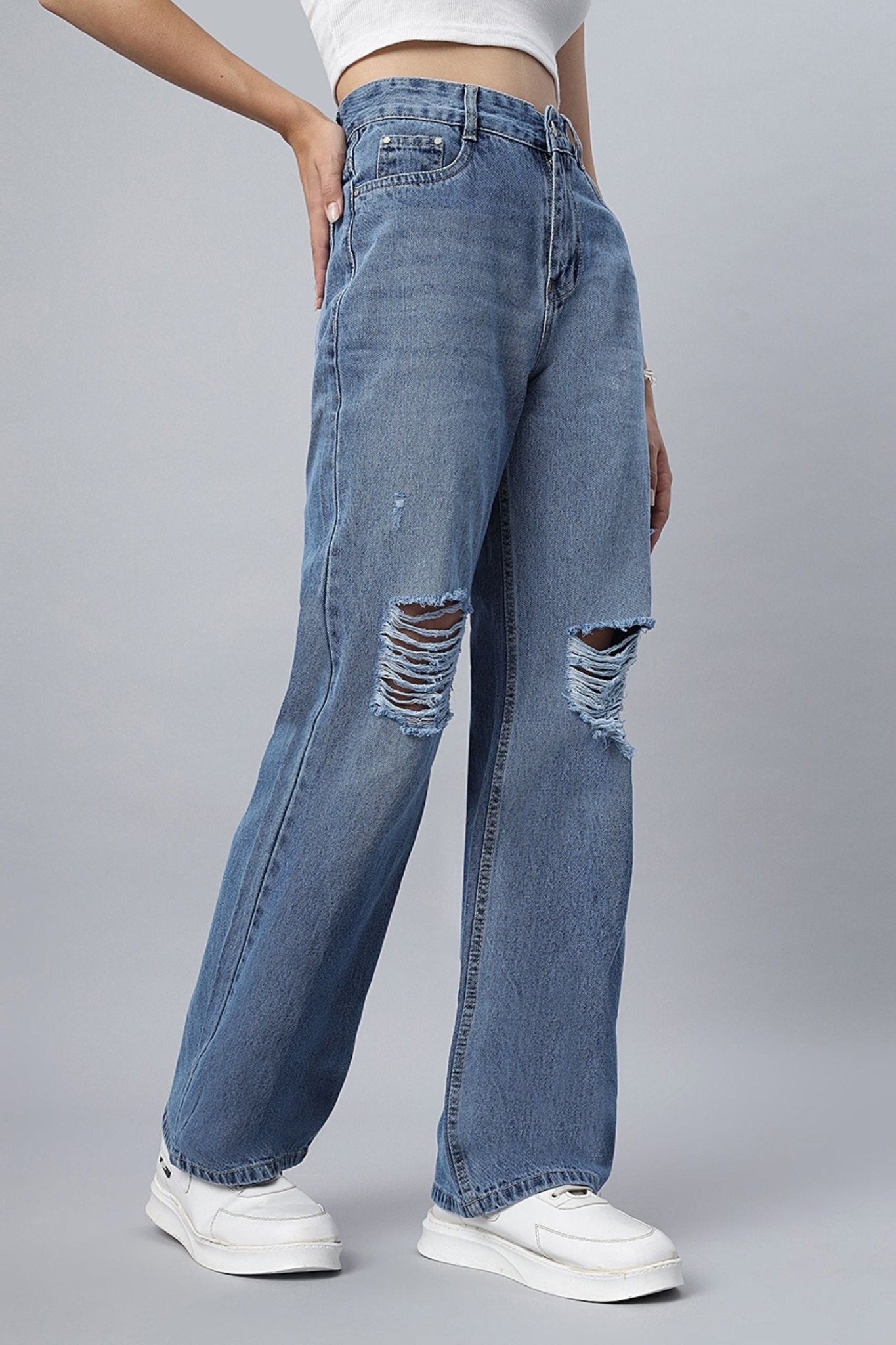 Basic Blue Straight-Leg Ripped Jeans - Freyaa USA & Canada