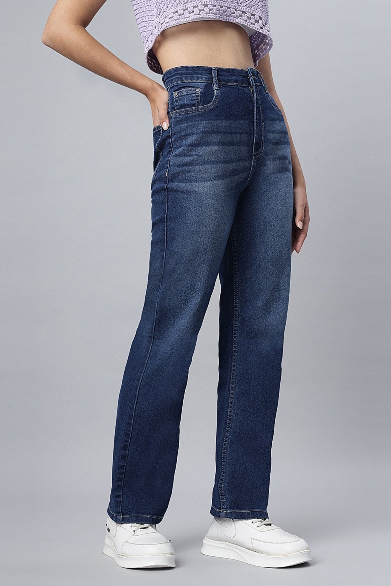 Denim Blue Shaded Straight-Fit Jeans - Freyaa USA & Canada