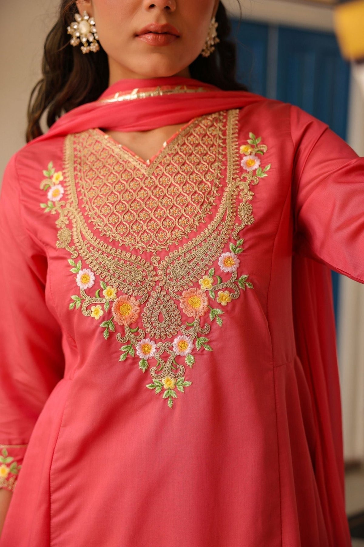Freyaa Coral Pink Anarkali Kurta Trouser with Dupatta Set - Freyaa USA & Canada