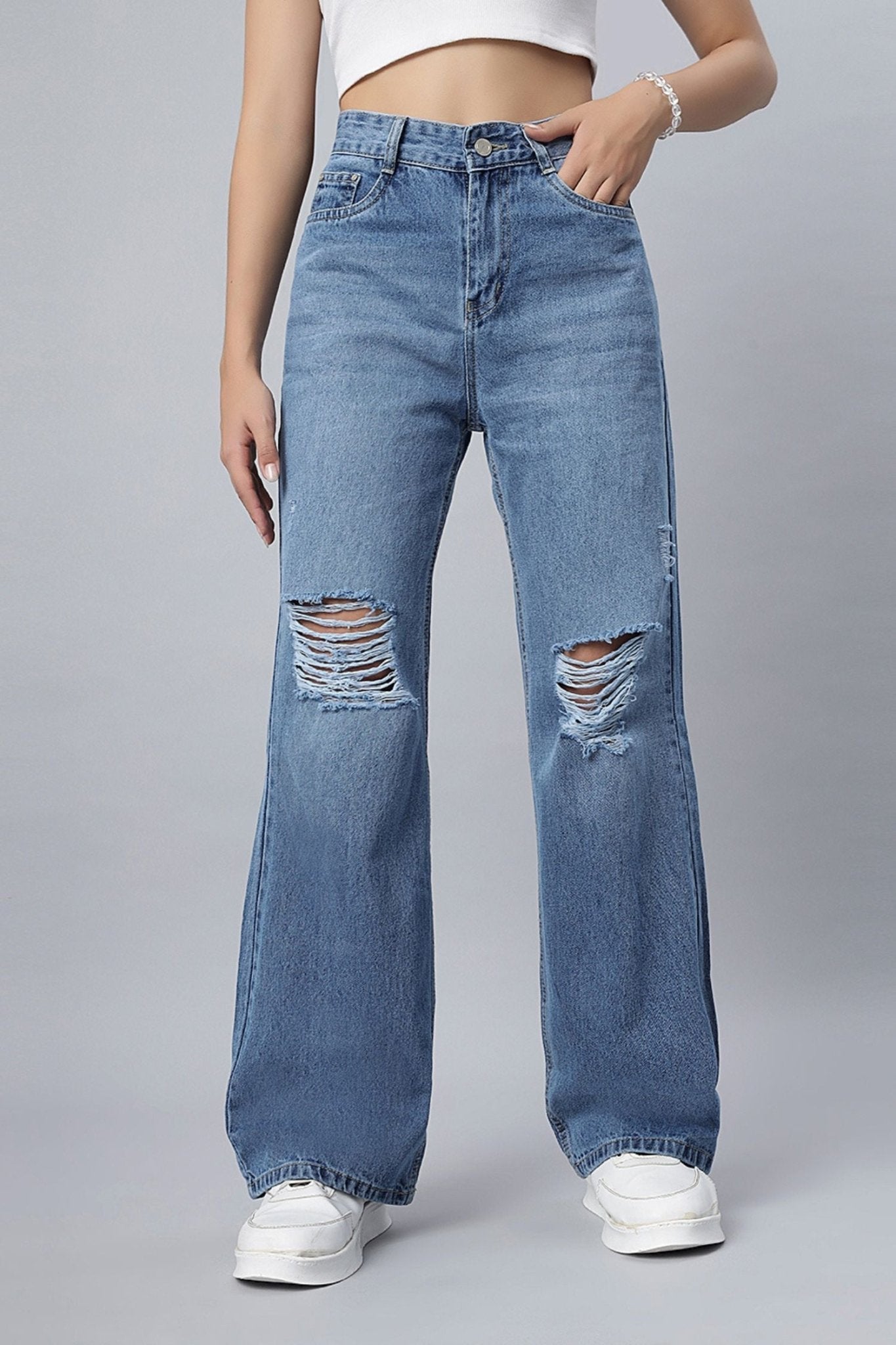 Basic Blue Straight-Leg Ripped Jeans - Freyaa USA & Canada