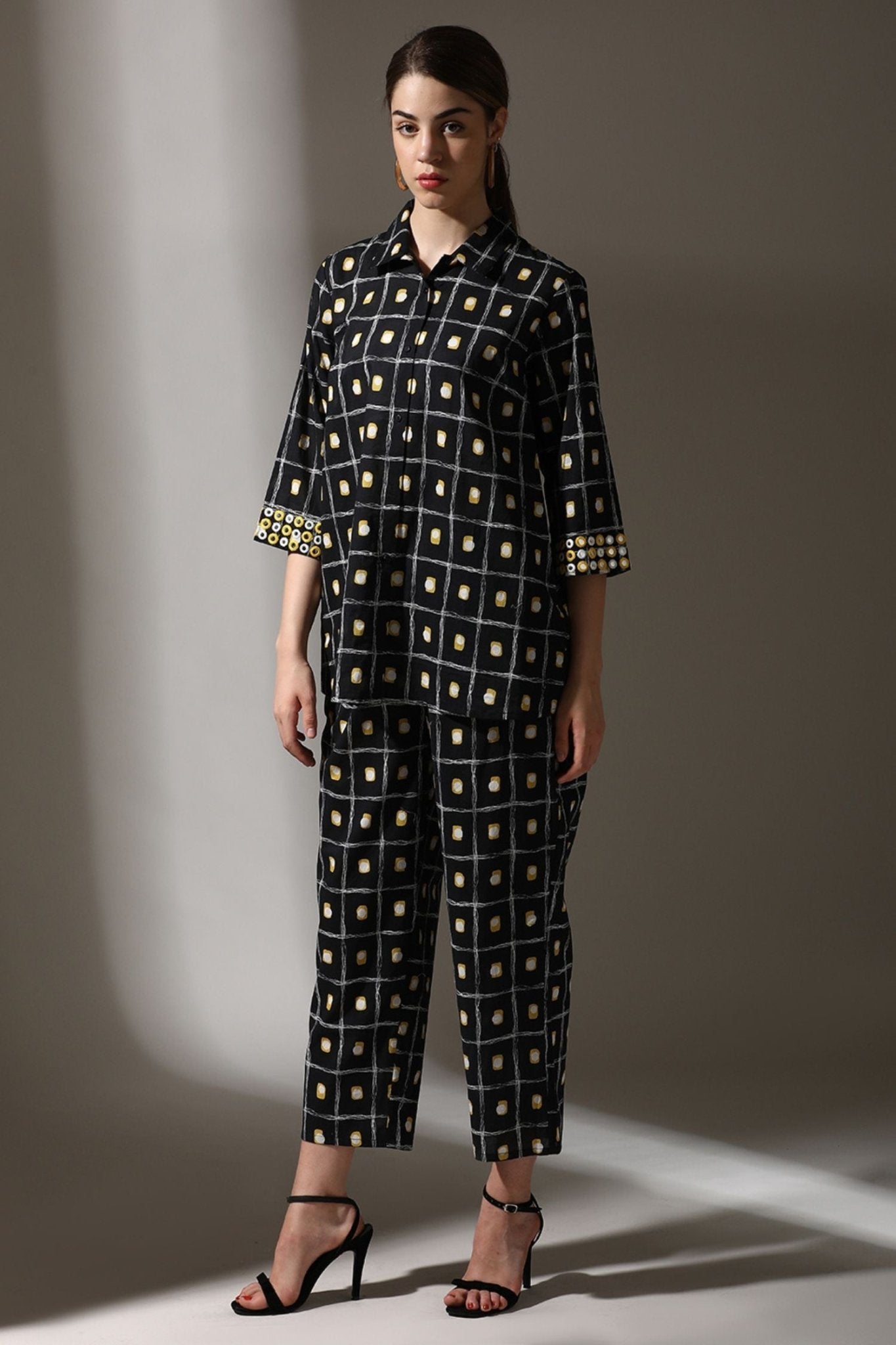 Black Cotton Cord Set in Classic Shirt-Style Pattern - Freyaa USA & Canada