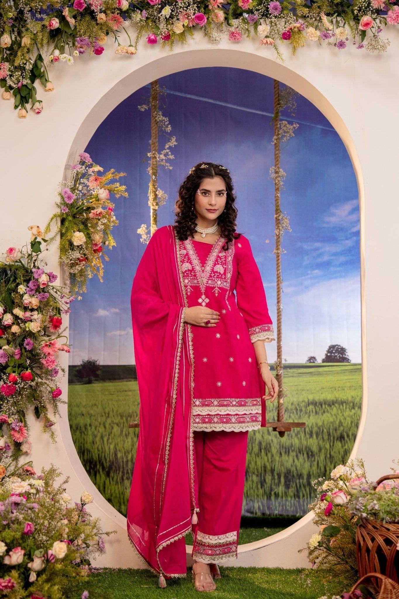 Rani Pink Embroidered Three-Piece Suit Set - Freyaa USA & Canada