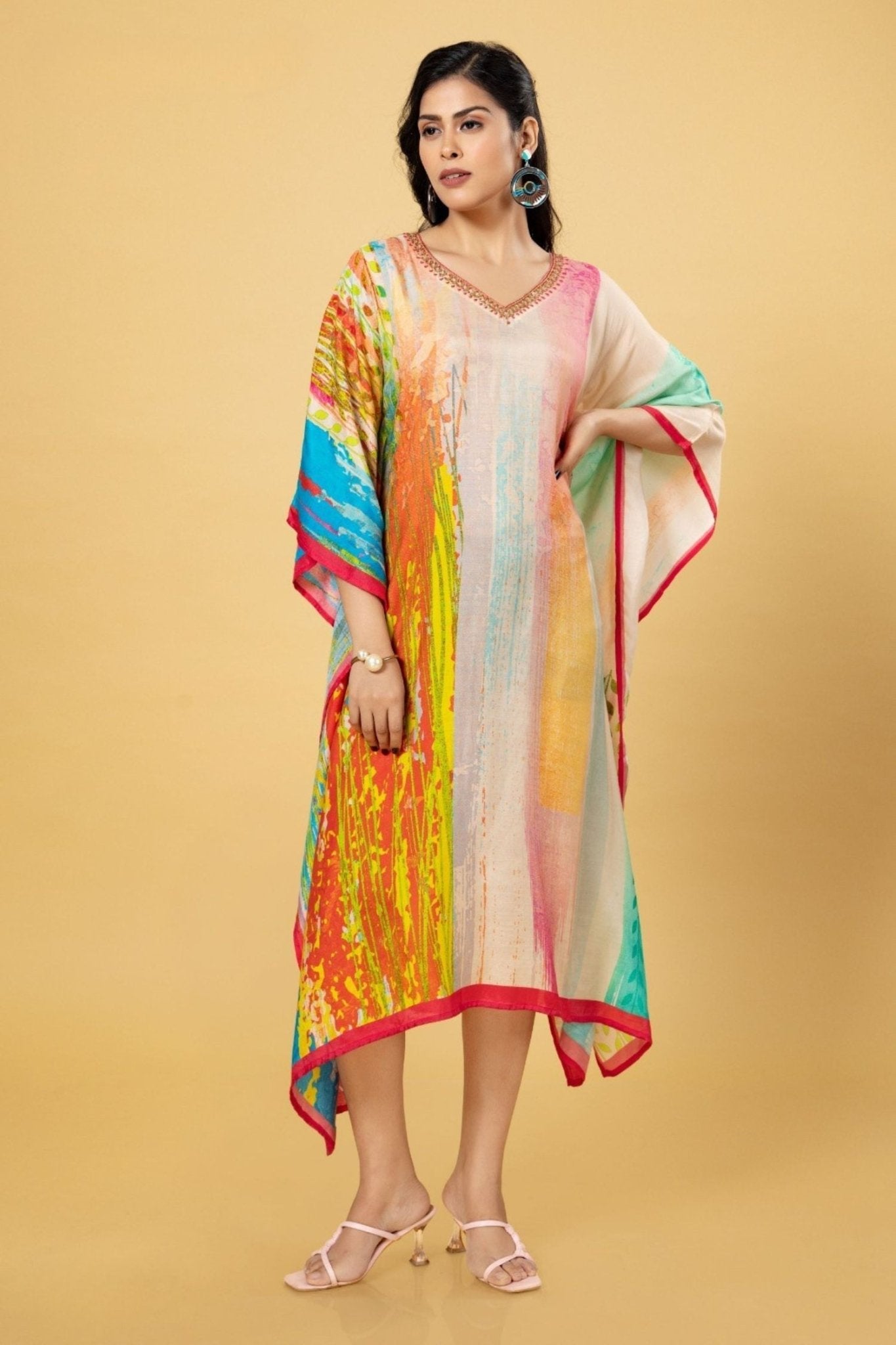 Freyaa Vibrant Multicolor Long Kaftan with Modern Flair - Freyaa USA & Canada