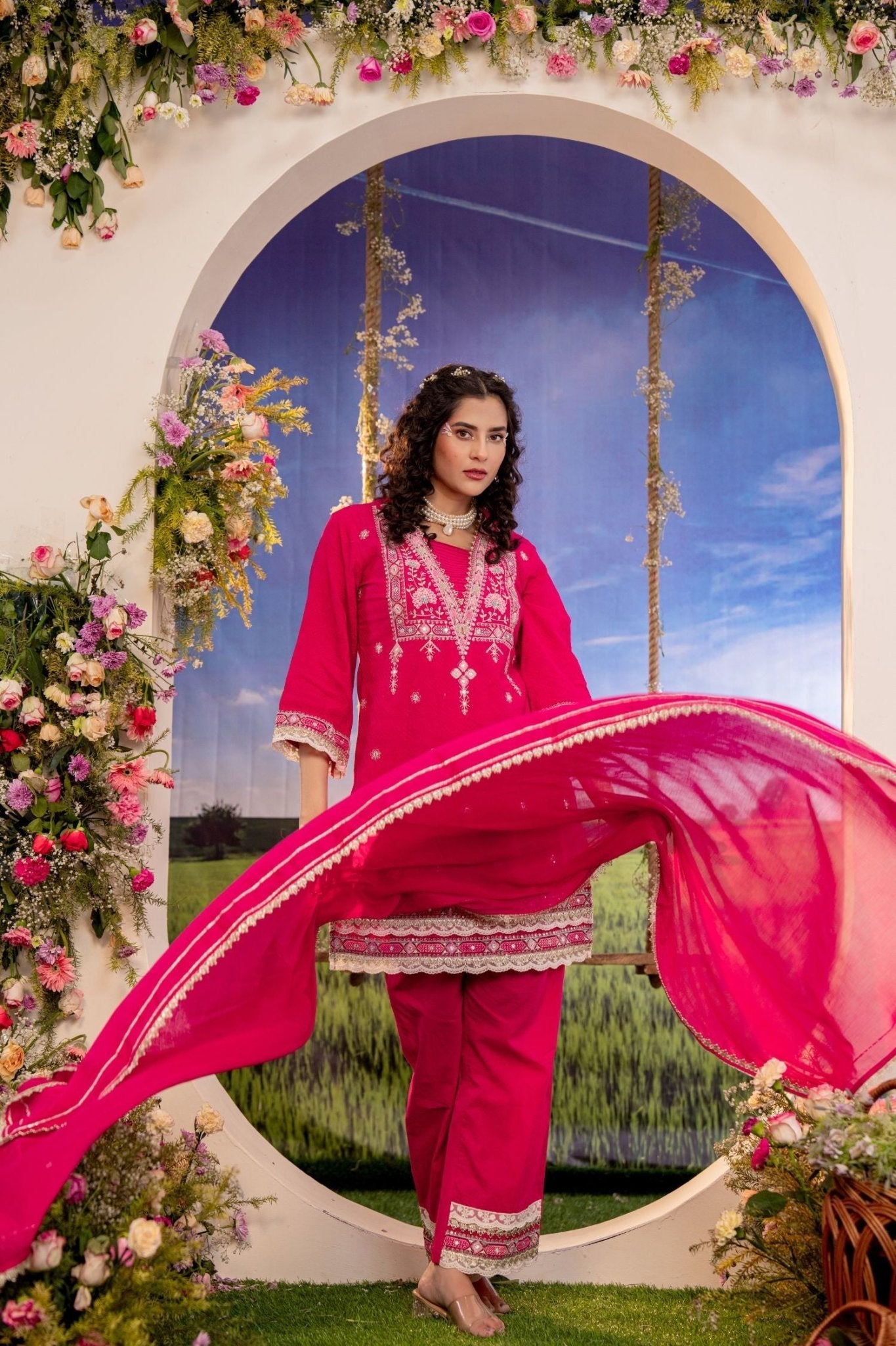 Rani Pink Embroidered Three-Piece Suit Set - Freyaa USA & Canada