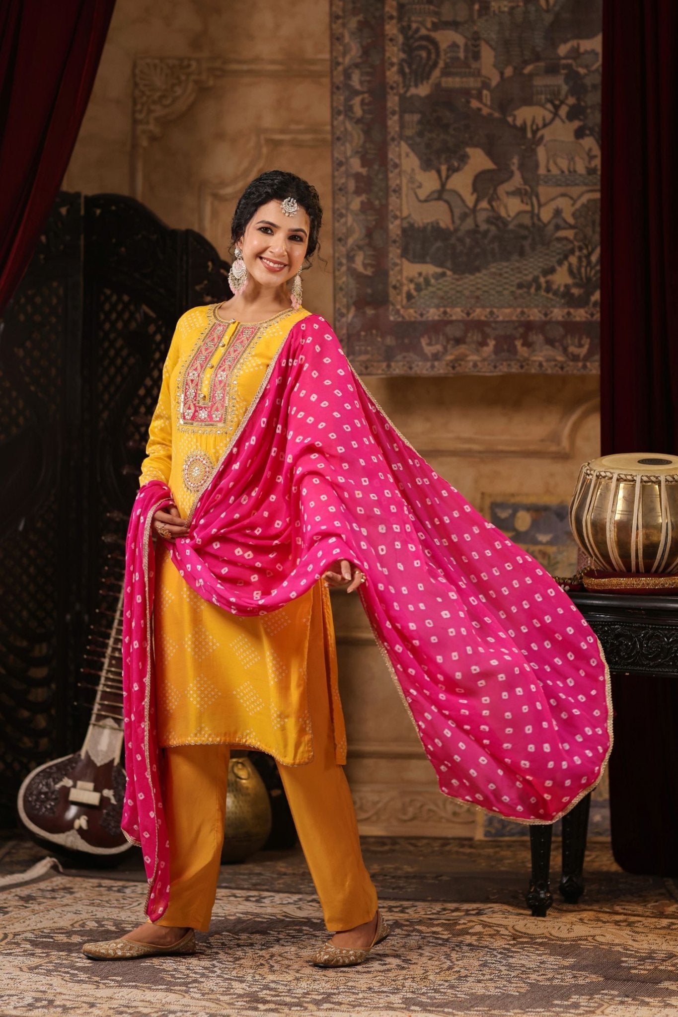 Freyaa yellow Embroidered Straight Kurta Trouser with Bandhni Dupatta Set - Freyaa USA & Canada