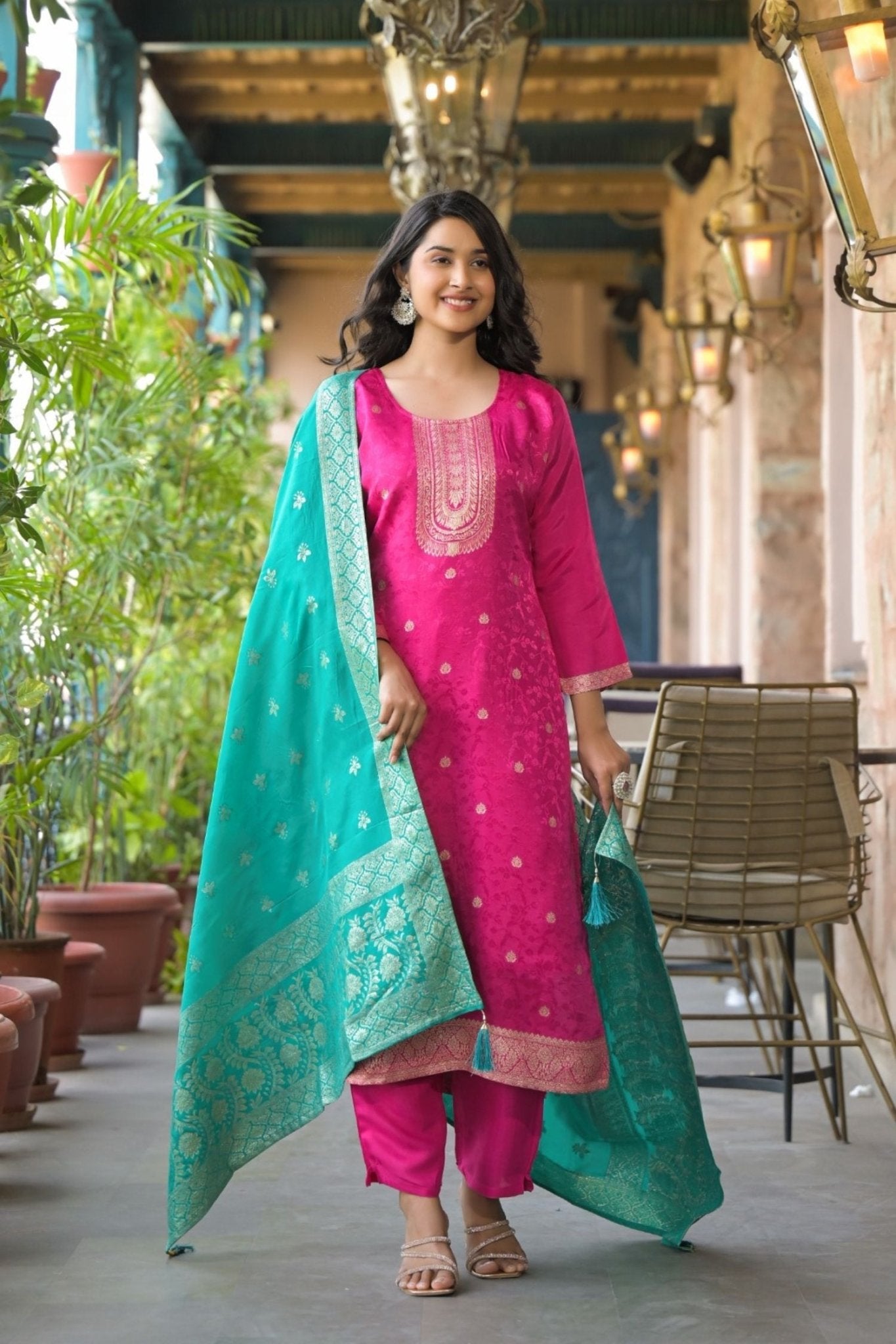 Rani Straight Kurta Set with Green Dupatta - Freyaa USA & Canada