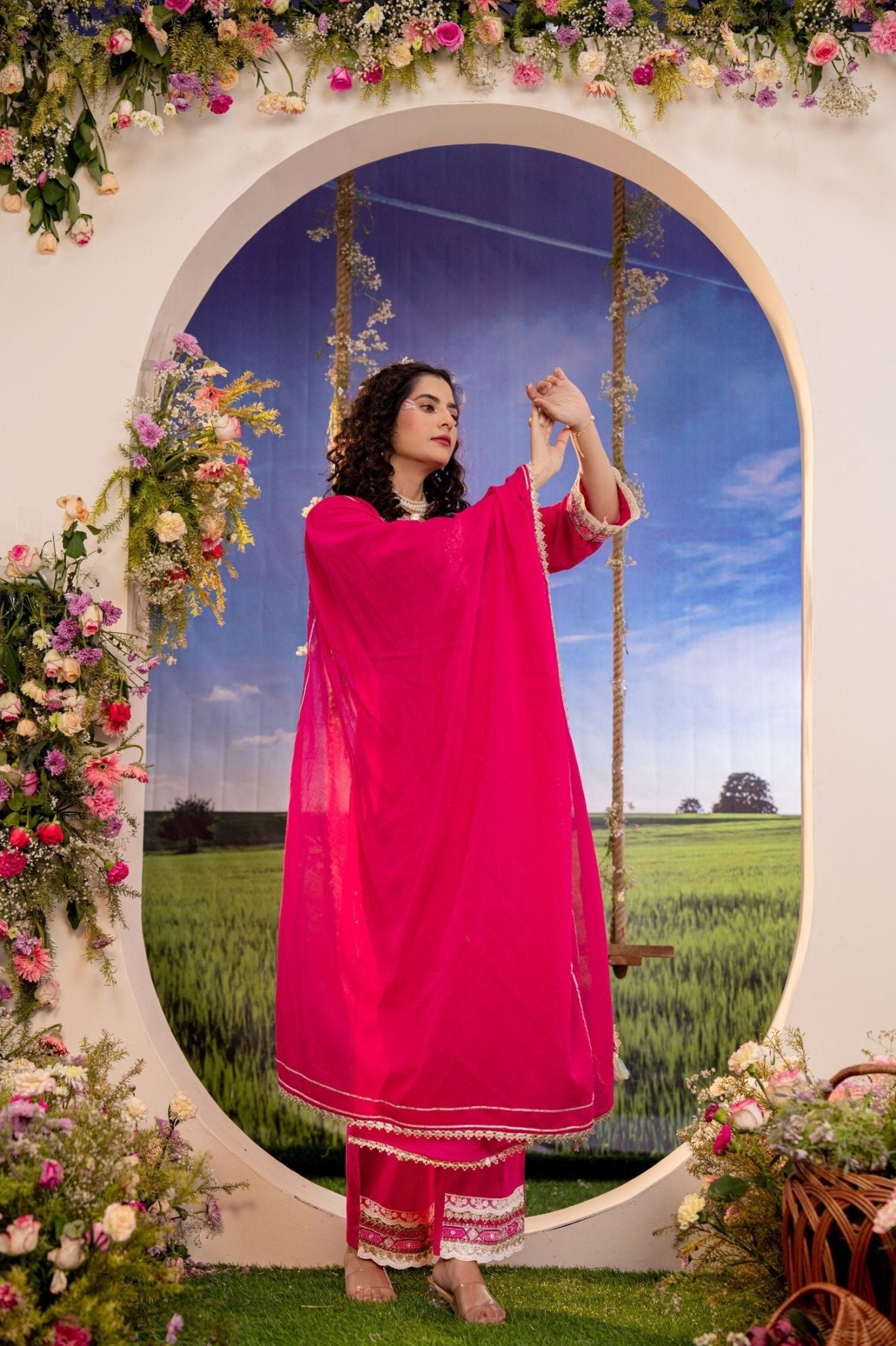 Rani Pink Embroidered Three-Piece Suit Set - Freyaa USA & Canada