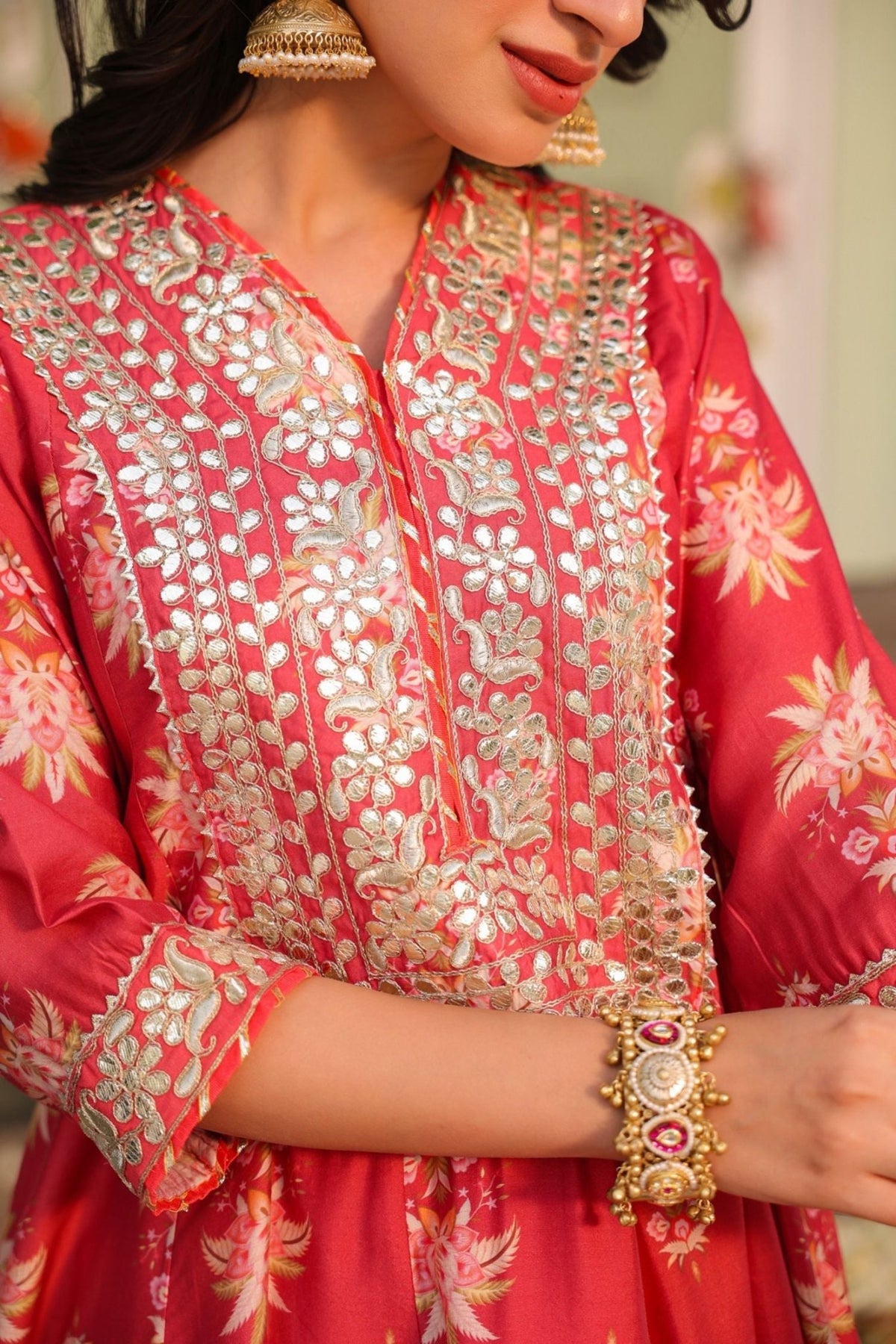 Freyaa Coral Pink Printed Embroidered Silk Blend Calf-Length Anarkali Suit With Dupatta - Freyaa USA & Canada