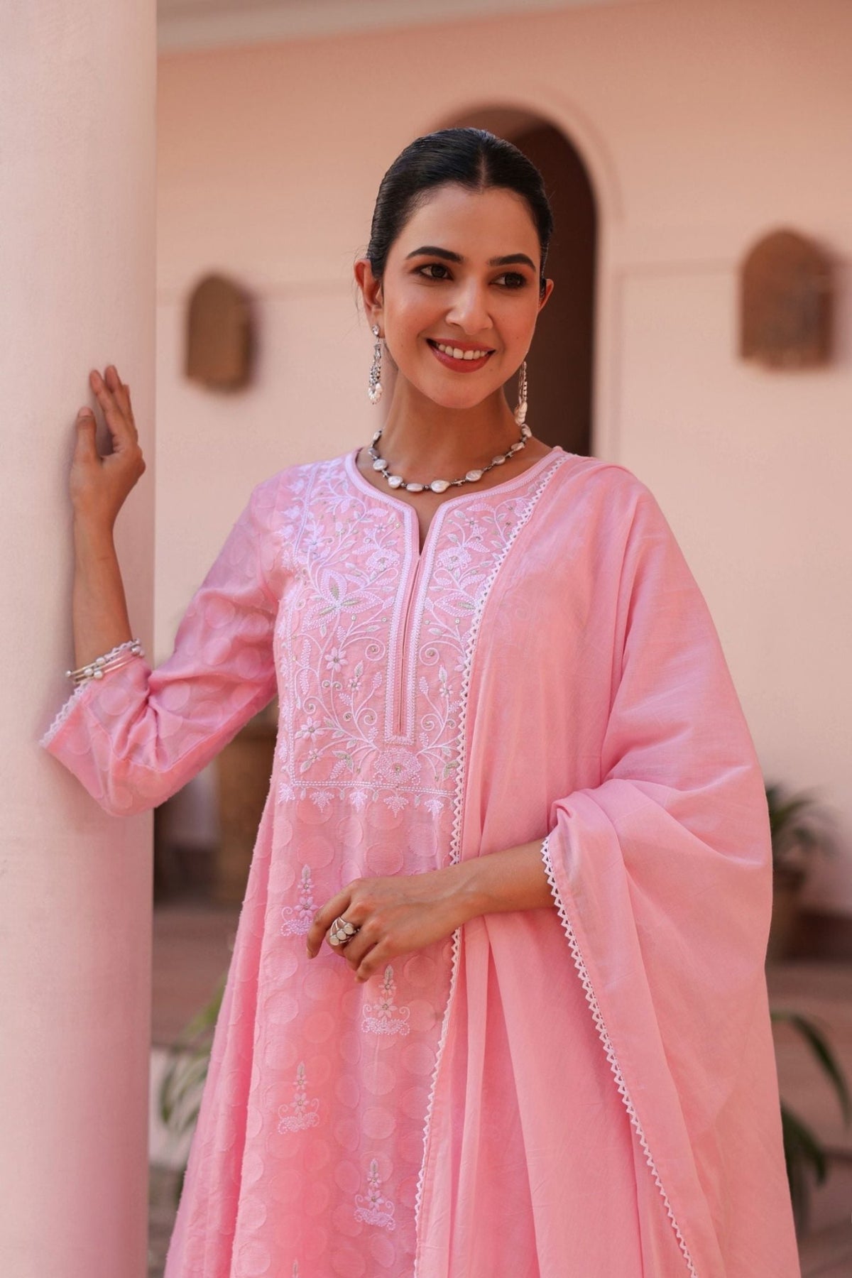 Freyaa Pink Self Design Calf-Length Anarkali Cotton Kurta Trouser Dupatta Set - Freyaa USA & Canada