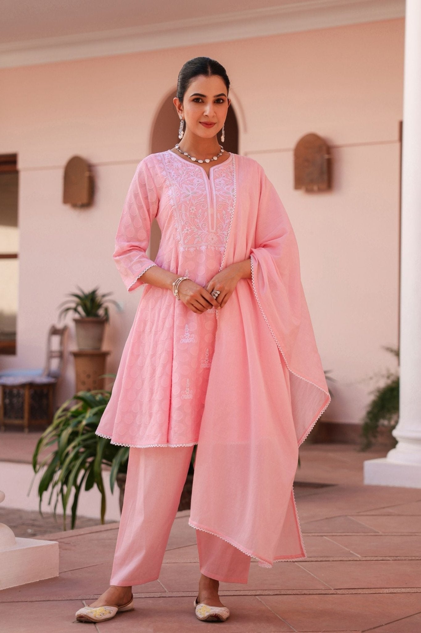 Freyaa Pink Self Design Calf-Length Anarkali Cotton Kurta Trouser Dupatta Set - Freyaa USA & Canada