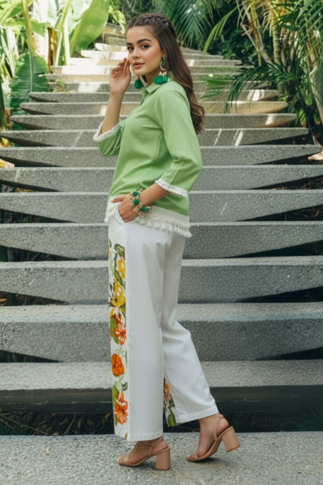 Green Cotton Co-ord Set with Printed Bottom - Freyaa USA & Canada