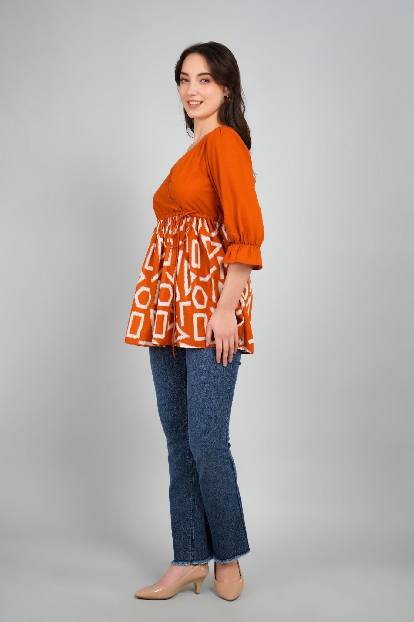 Freyaa Orange Frill Printed Top - Freyaa USA & Canada