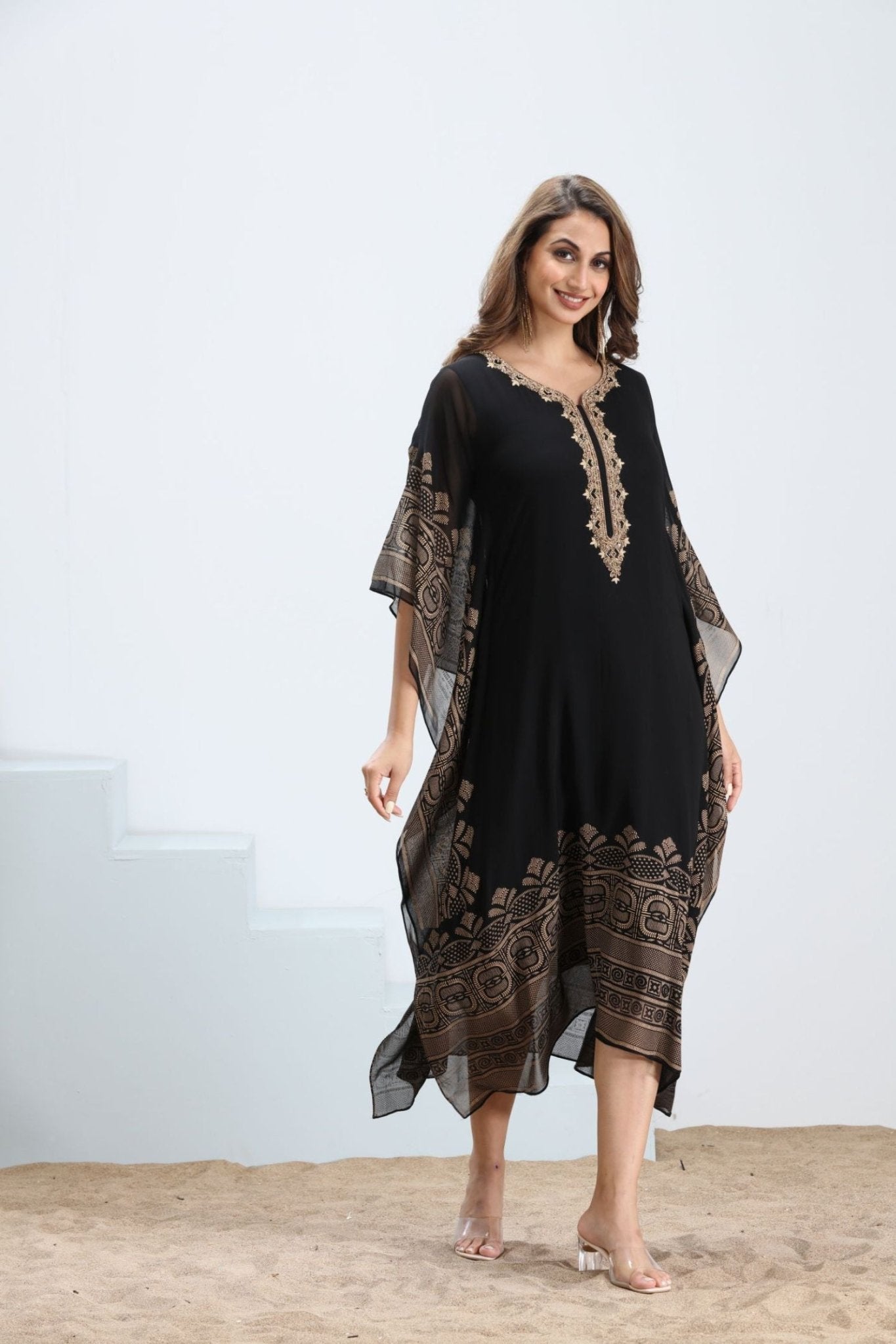 Golden Grace Viscose Embroidered Kaftan - Freyaa USA & Canada