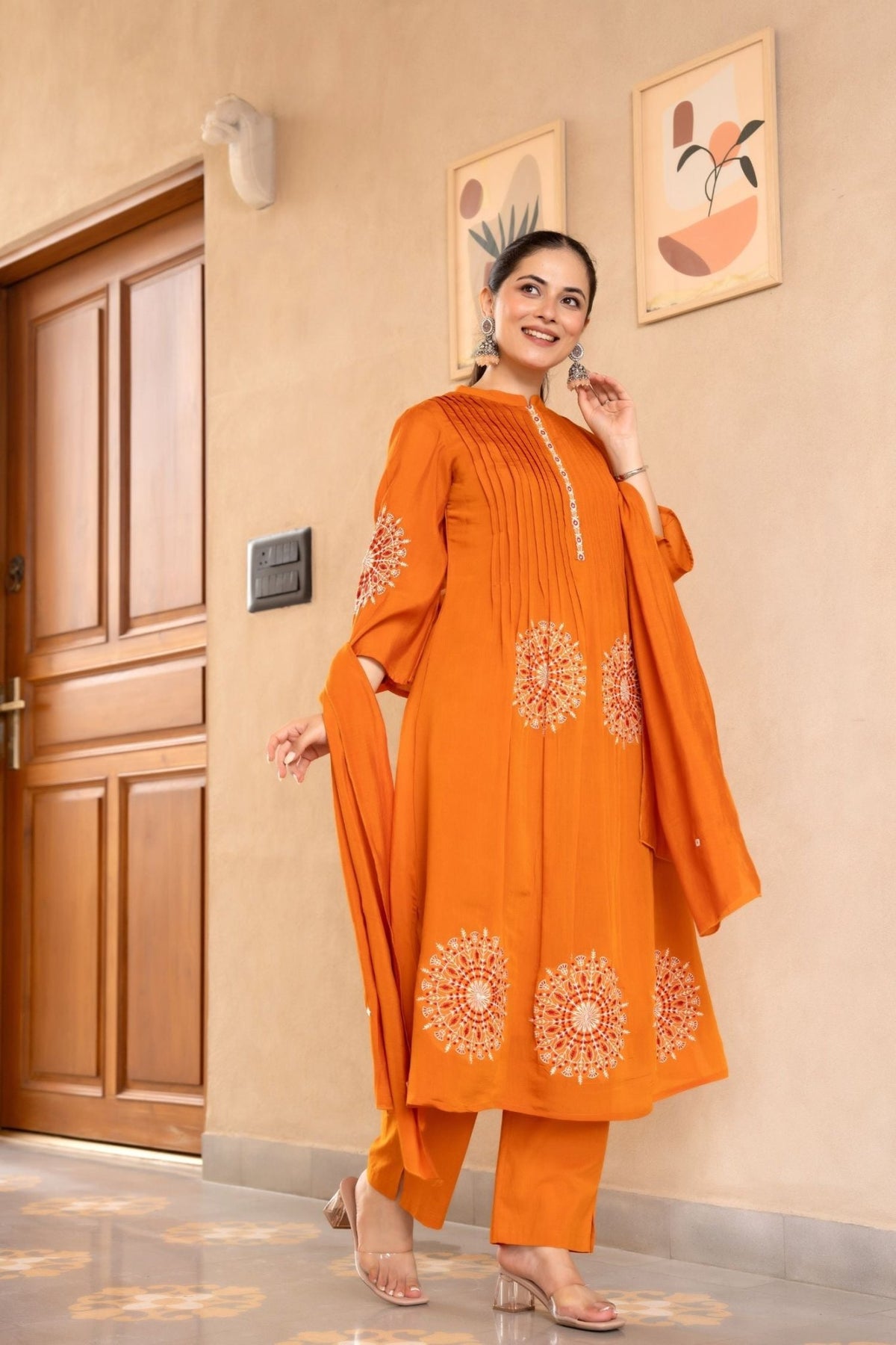 Cotton Three-Piece Ensemble with Elegant Neck Embroidery and Bold Circle Motif - Freyaa USA & Canada