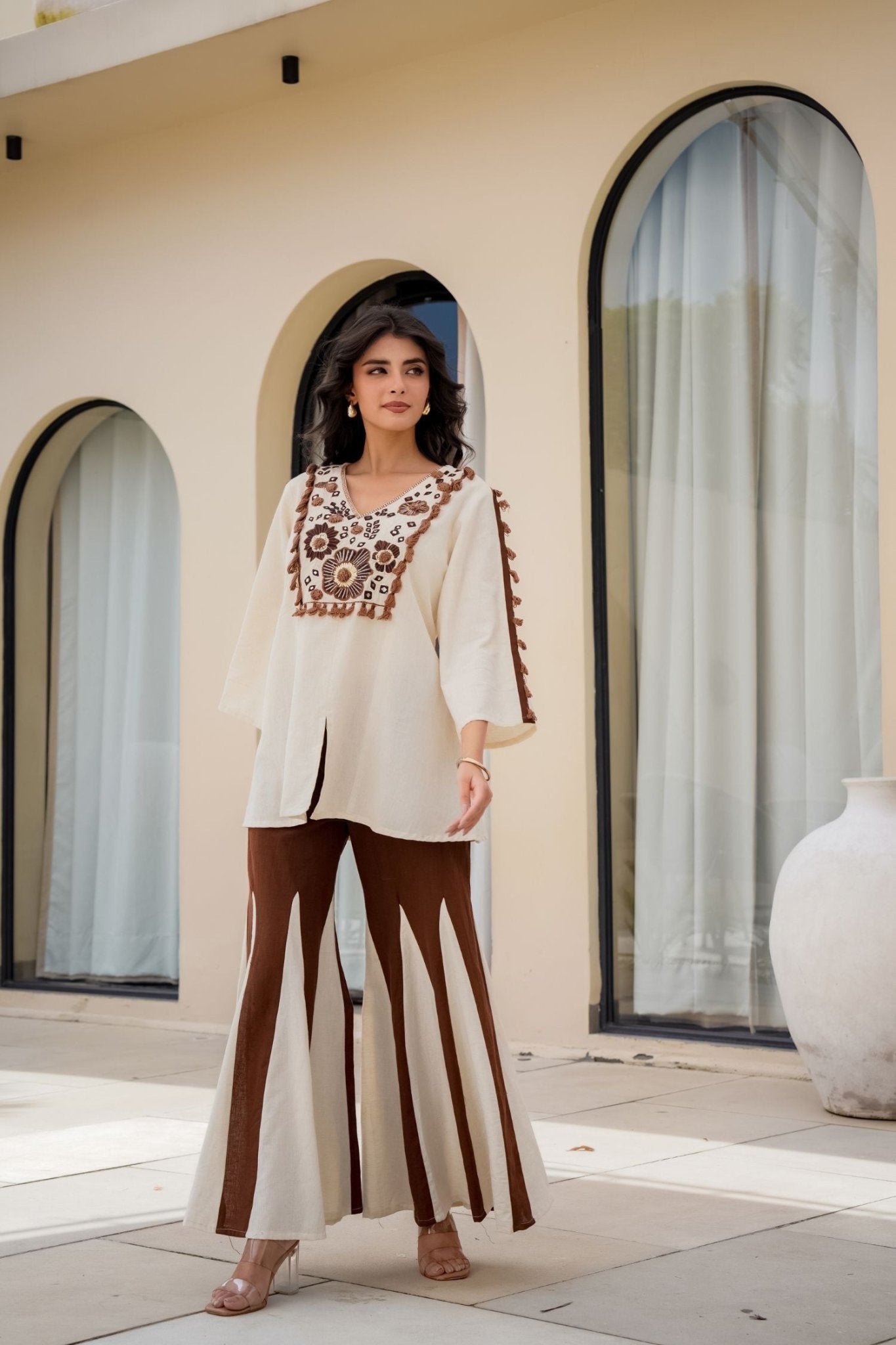 Brown Cord Set with Embroidered Top and Palazzo Pants - Freyaa USA & Canada