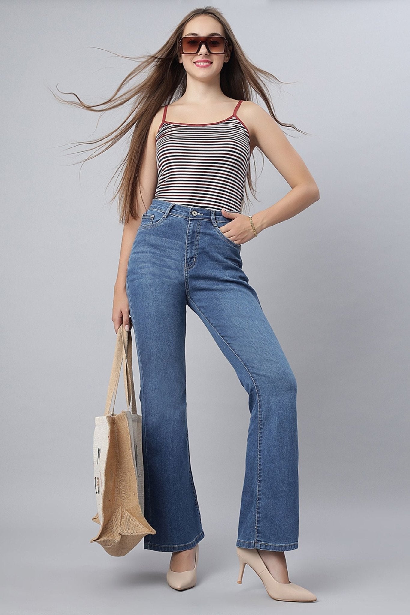 High-Waist Stone Bootcut Jeans - Freyaa USA & Canada