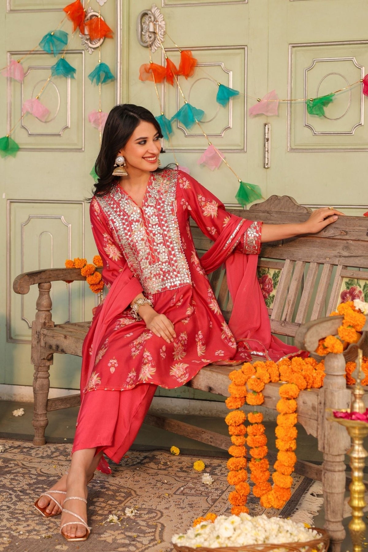 Freyaa Coral Pink Printed Embroidered Silk Blend Calf-Length Anarkali Suit With Dupatta - Freyaa USA & Canada
