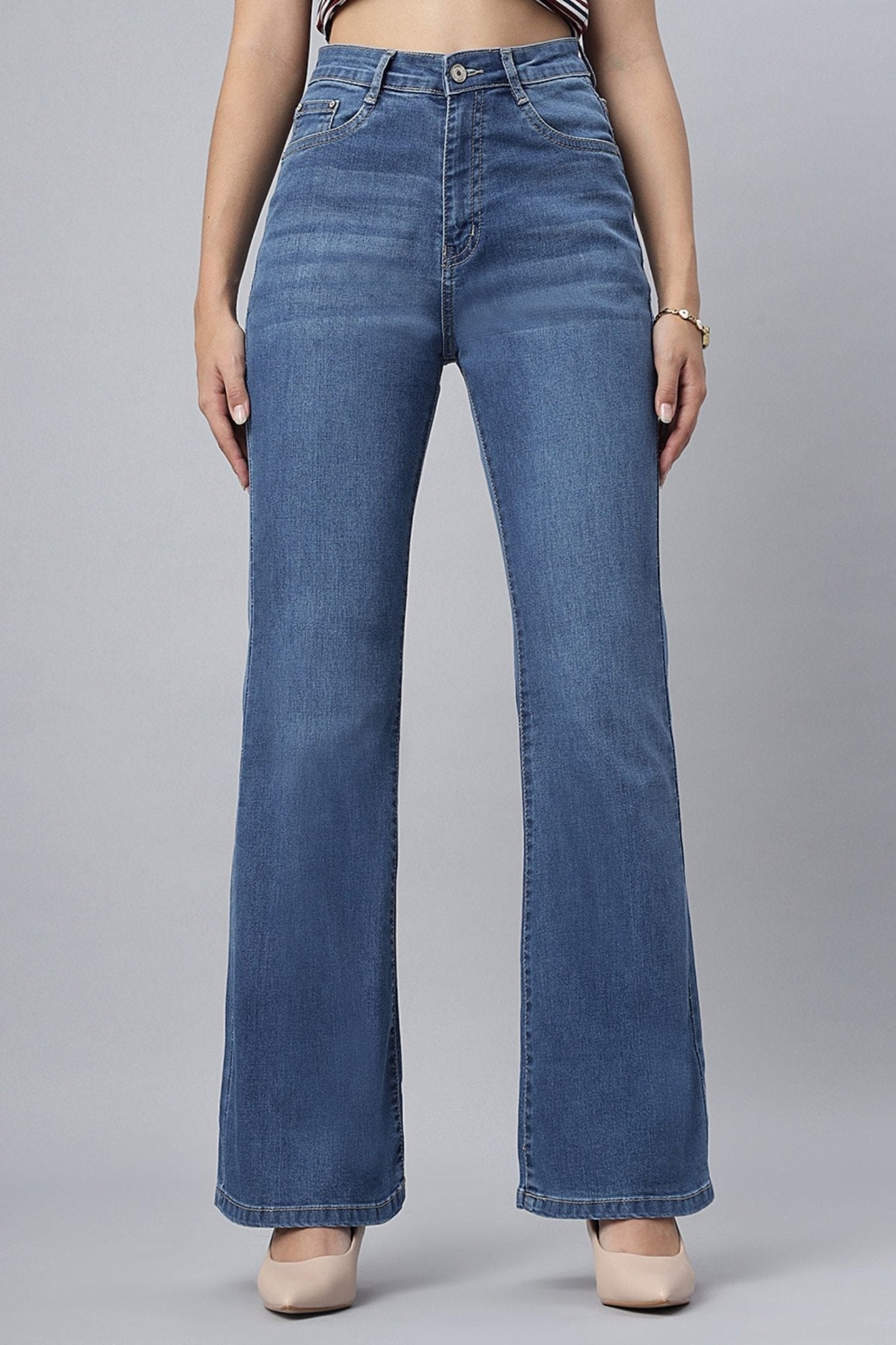 High-Waist Stone Bootcut Jeans - Freyaa USA & Canada