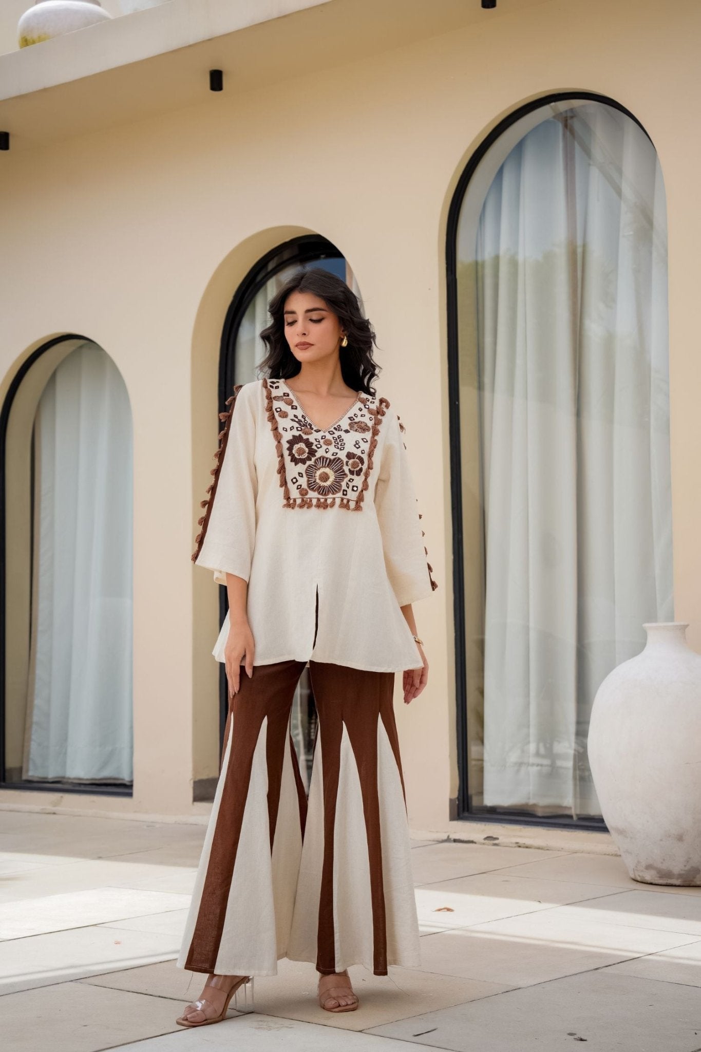 Brown Cord Set with Embroidered Top and Palazzo Pants - Freyaa USA & Canada