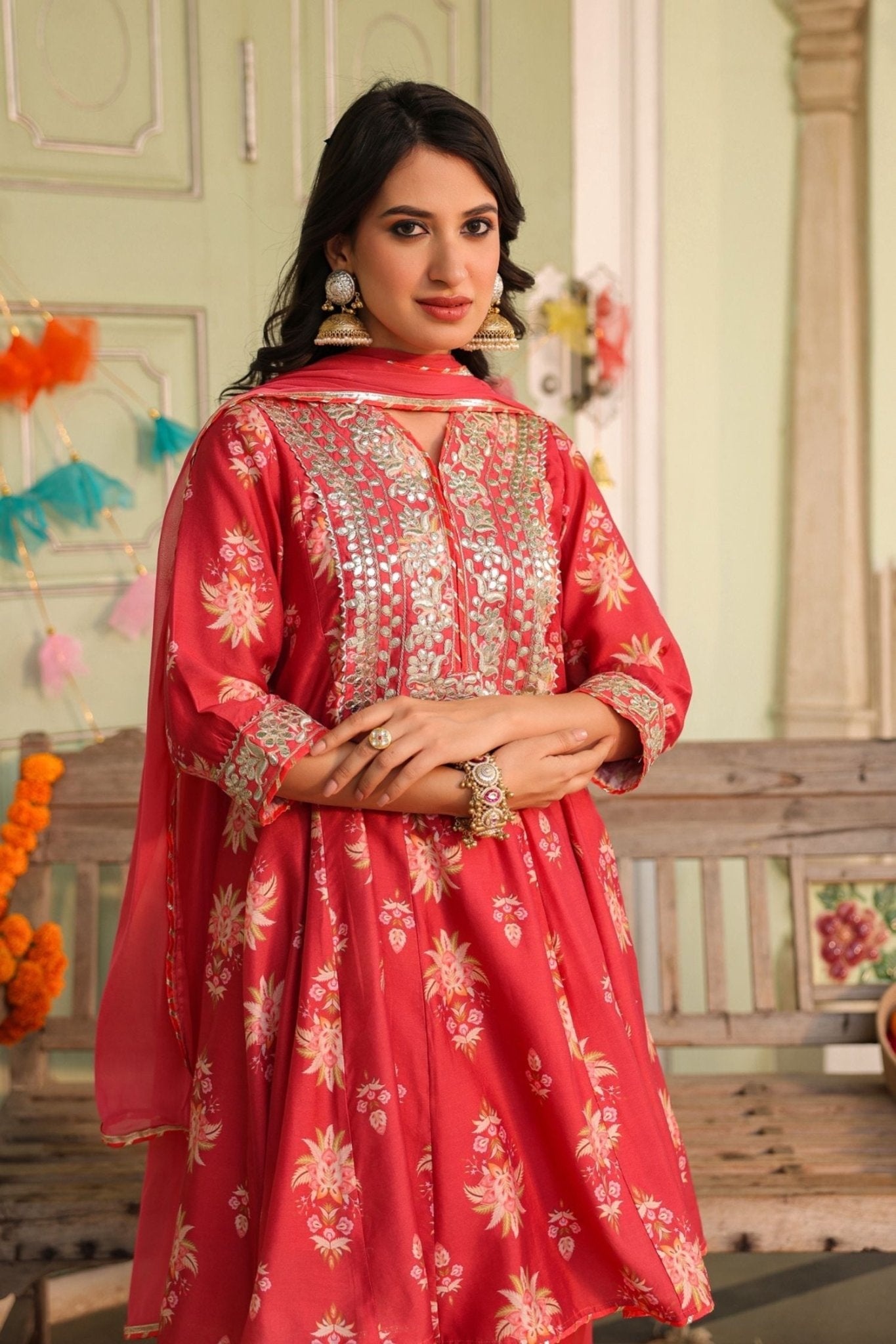 Freyaa Coral Pink Printed Embroidered Silk Blend Calf-Length Anarkali Suit With Dupatta - Freyaa USA & Canada
