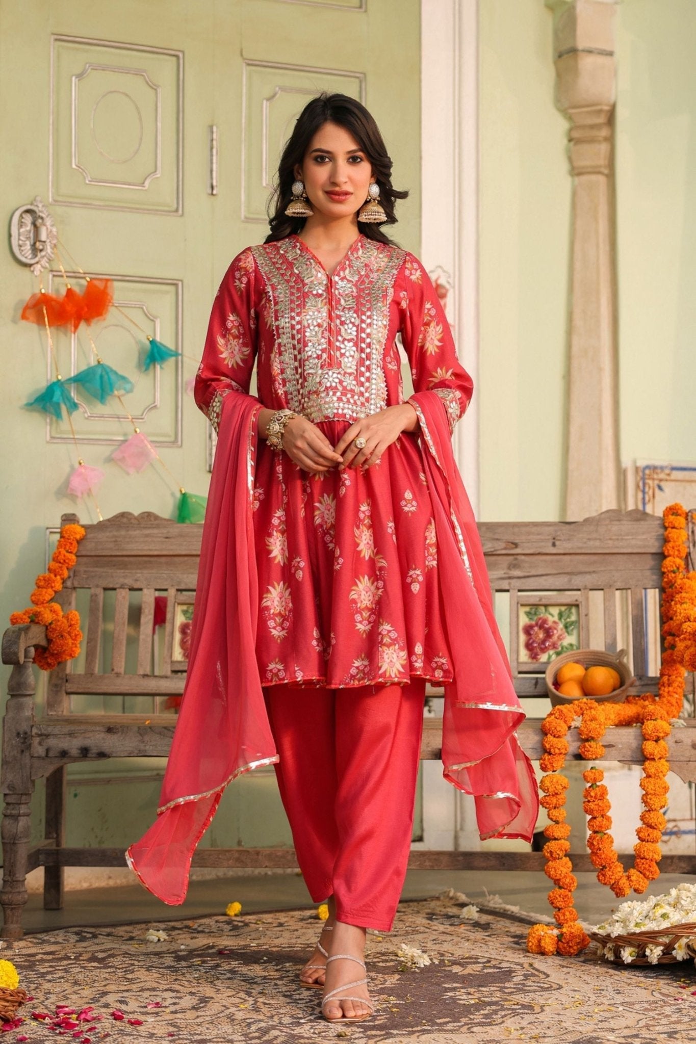 Freyaa Coral Pink Printed Embroidered Silk Blend Calf-Length Anarkali Suit With Dupatta - Freyaa USA & Canada