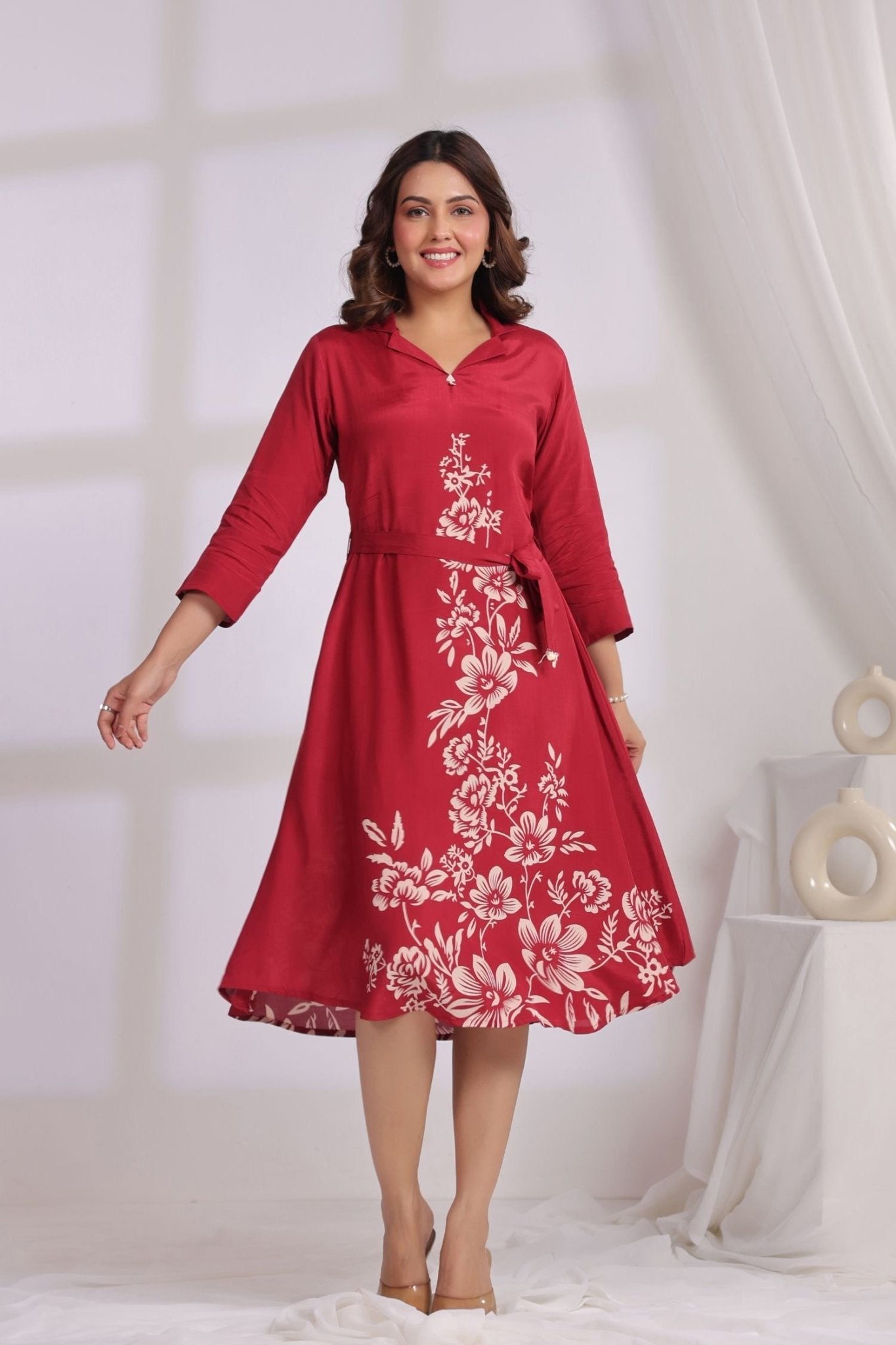 Maroon Charm Embroidered Dress - Freyaa USA & Canada