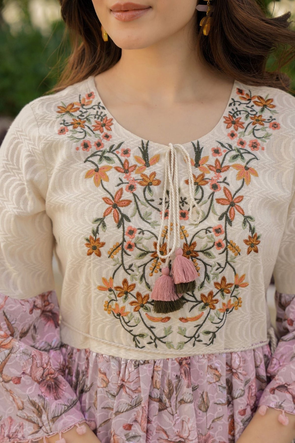 Cream Cotton Round-Neck Tunic with Two-Tone Fabric and Floral Design - Freyaa USA & Canada