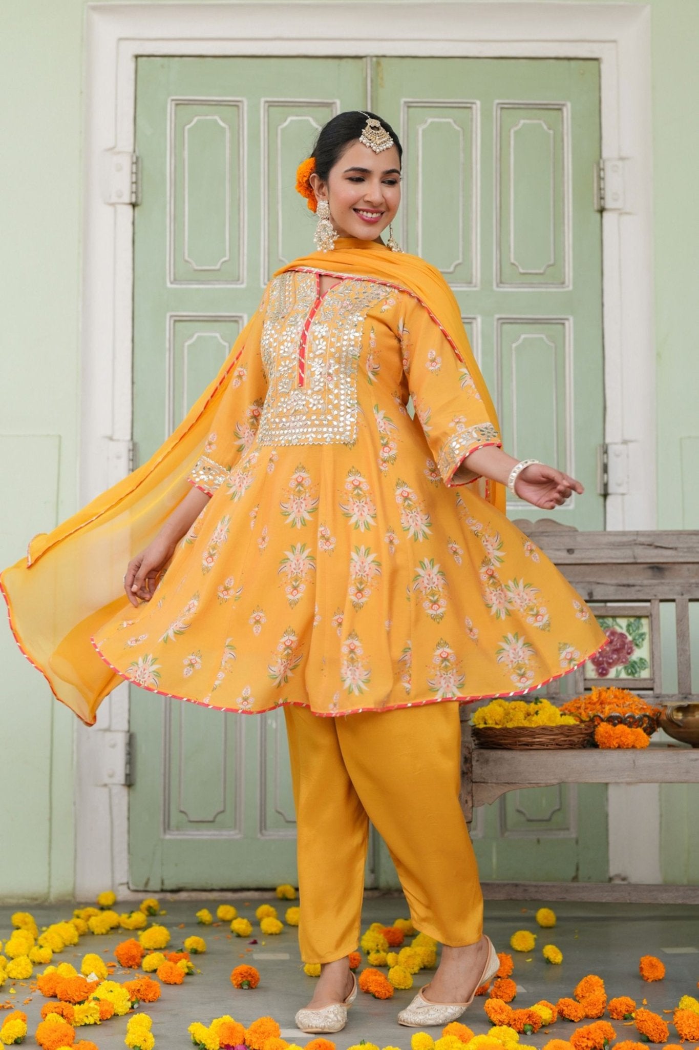 Freyaa Mustard Yellow Printed Embroidered Silk Blend Calf-Length Anarkali Suit With Dupatta - Freyaa USA & Canada