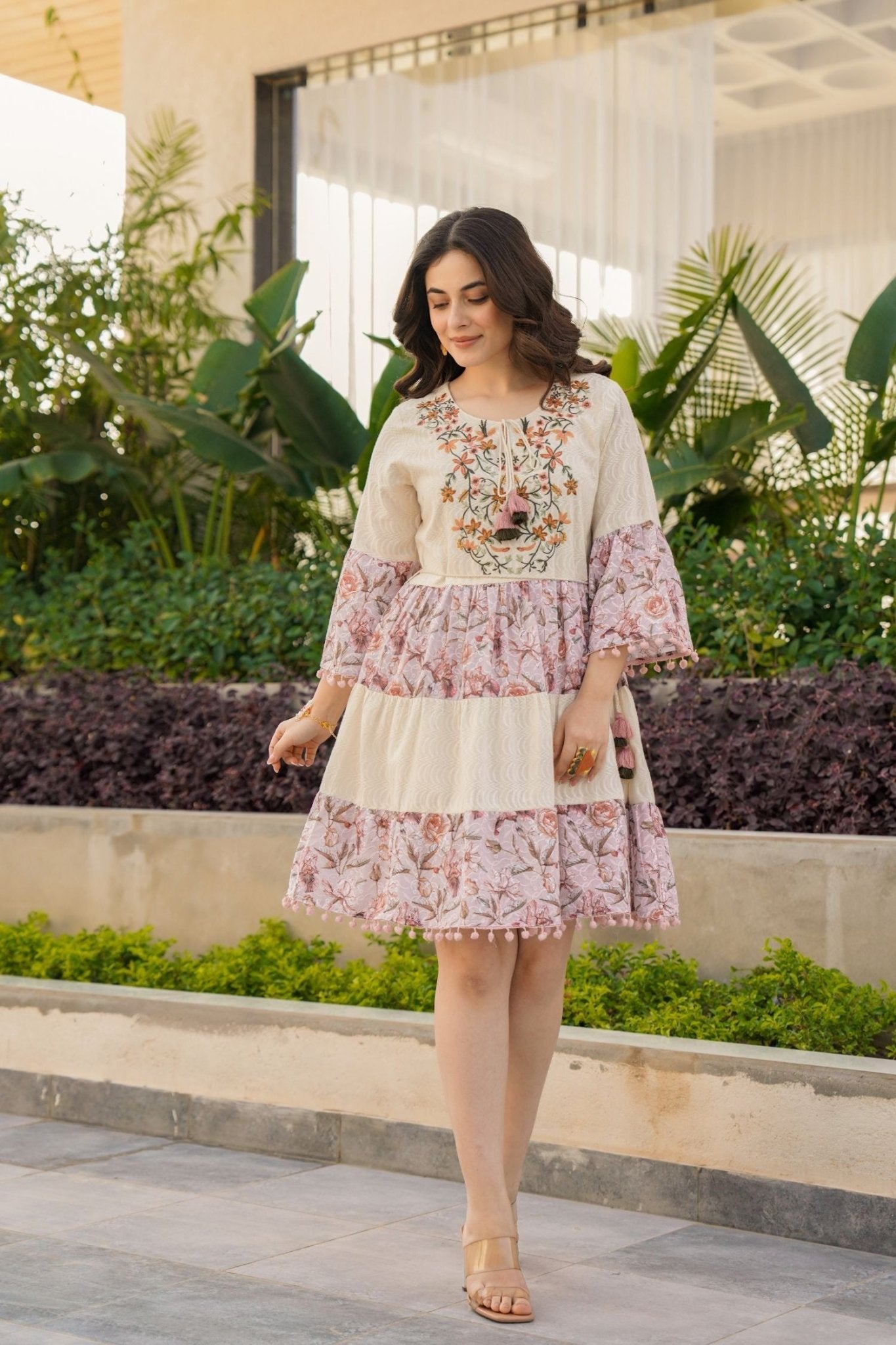 Cream Cotton Round-Neck Tunic with Two-Tone Fabric and Floral Design - Freyaa USA & Canada