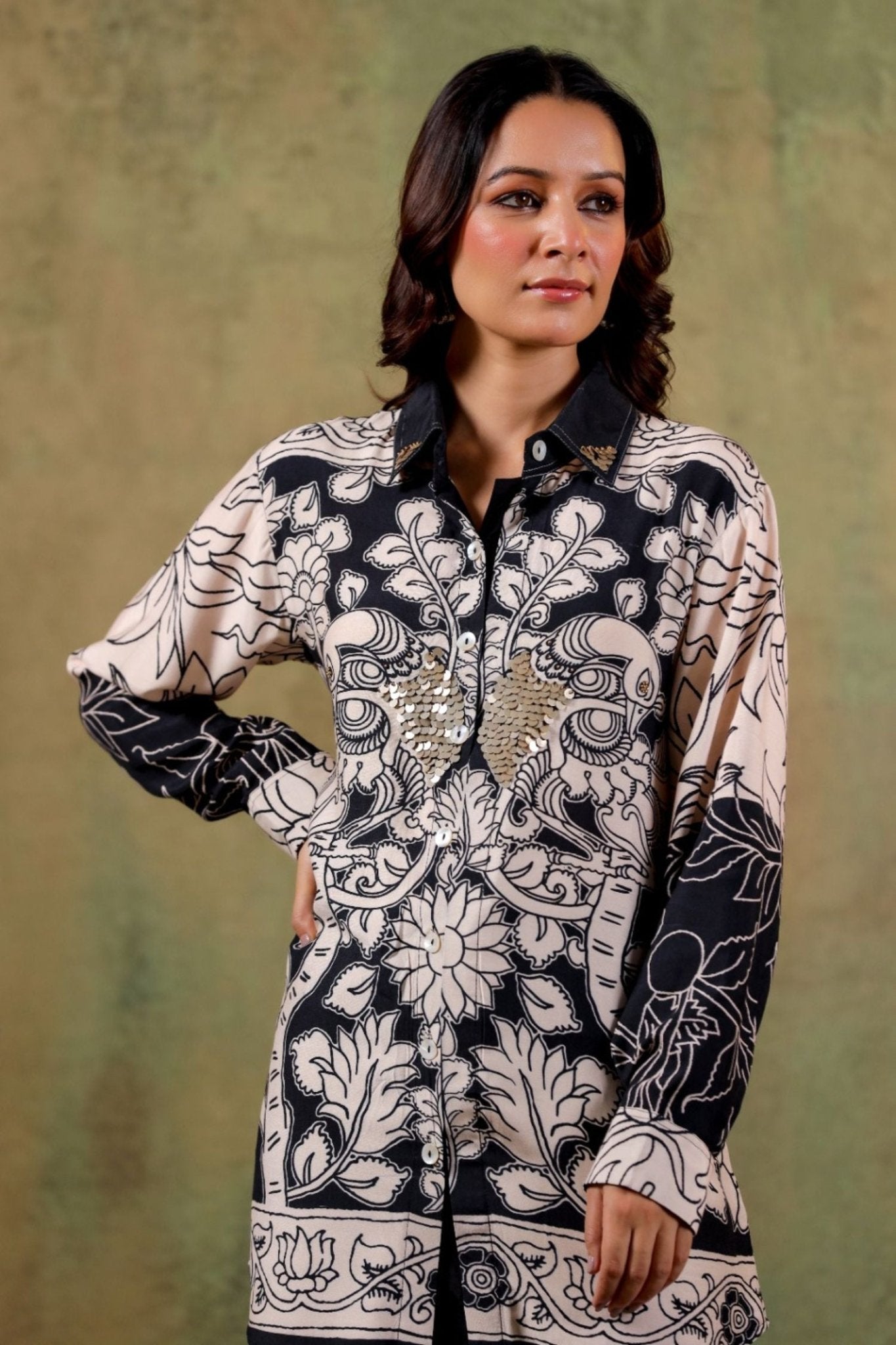 Premium Cream Sequin Embellished Printed Shirt - Freyaa USA & Canada