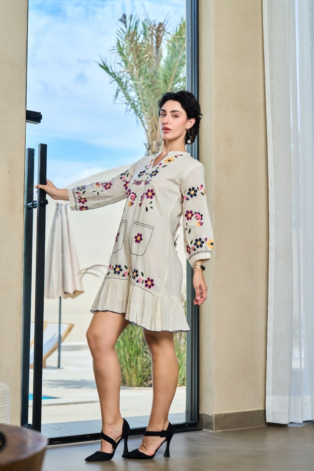 Off-White Tunic with Graceful Floral Print Detailing - Freyaa USA & Canada